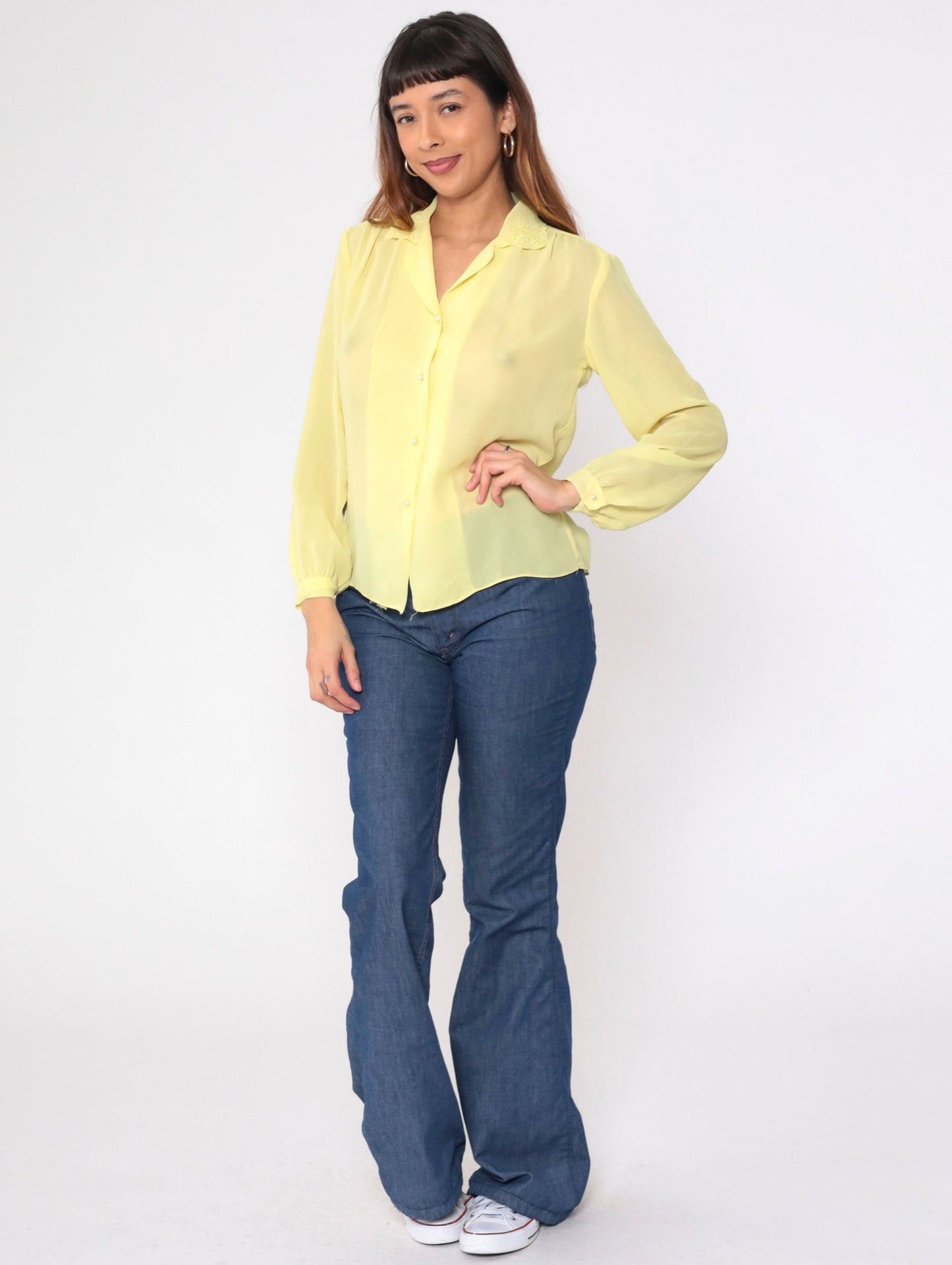 70s Yellow Sheer Blouse Floral Embroidered Collar Button-Up Long Sleeve Medium