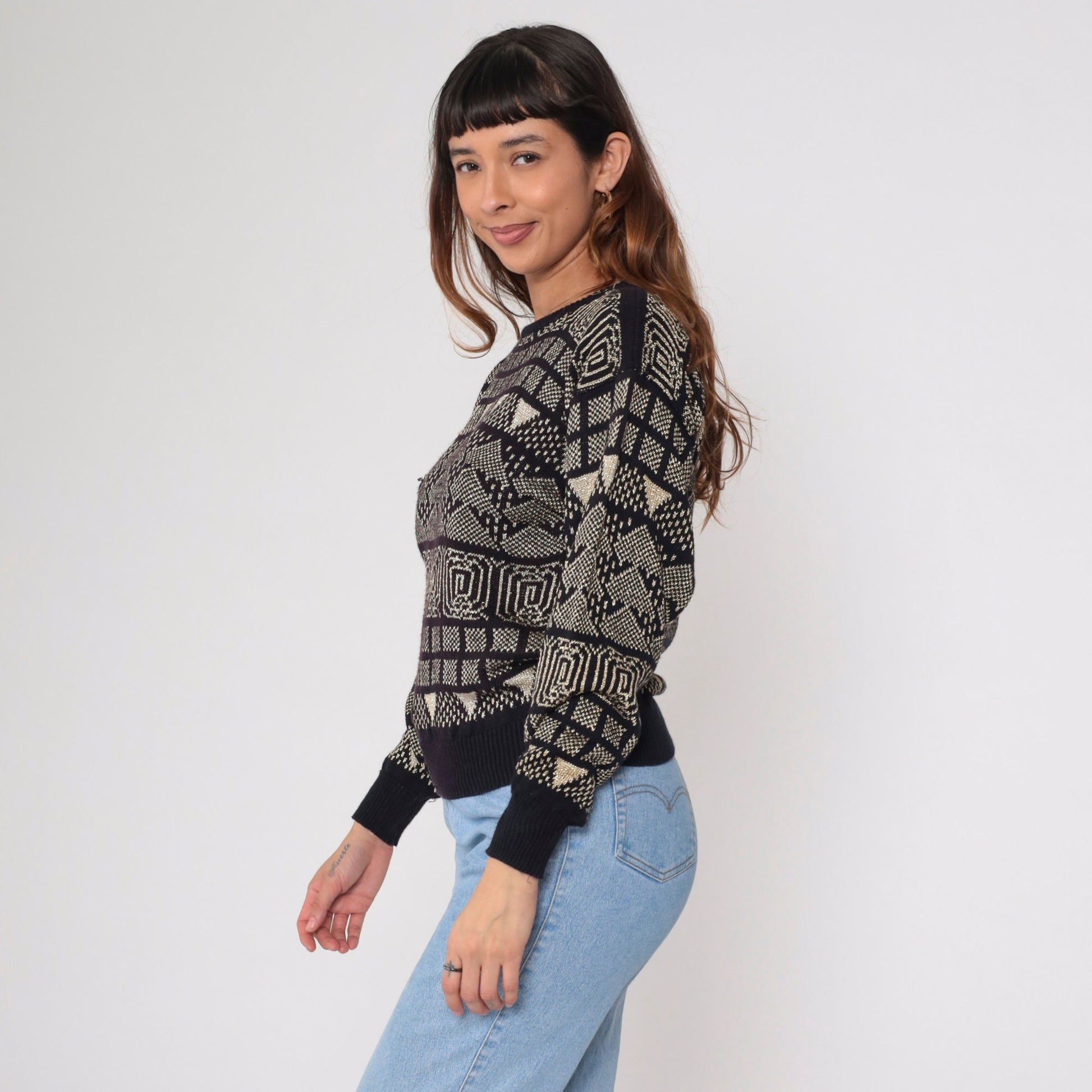 80s Campus Casuals Metallic Geometric Sweater Black Gold Jacquard Small