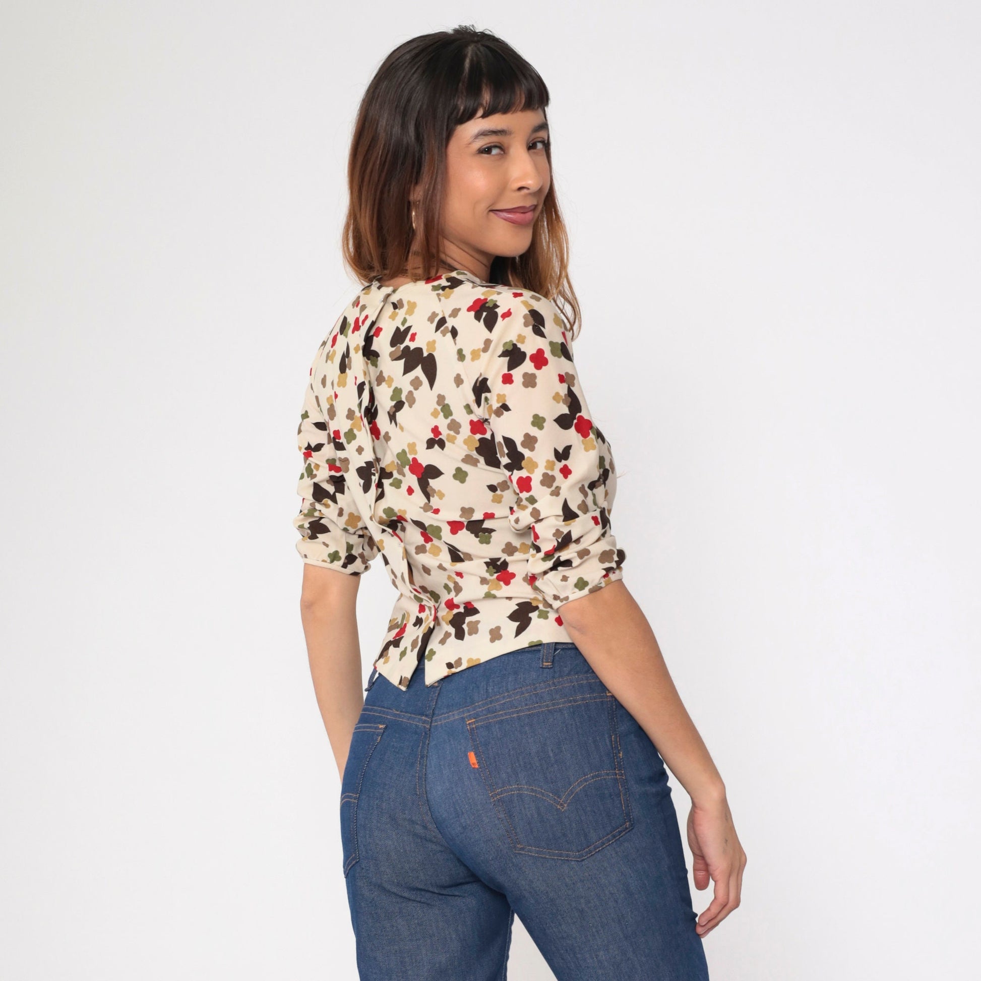70s Cream Floral Abstract Crop Top Blouse Bow Neckline Raglan Sleeve Extra Small