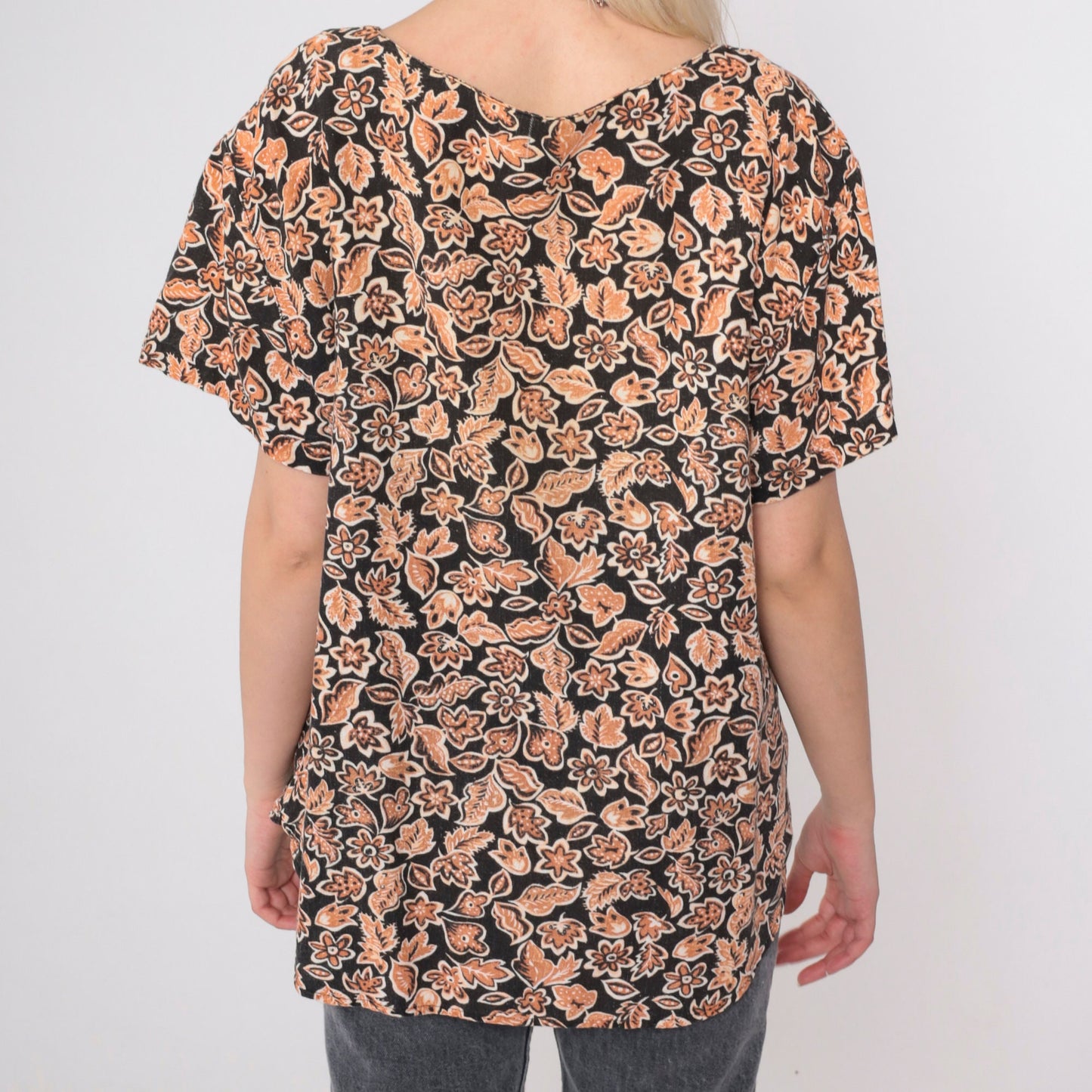90s Black Orange Floral Henley Shirt Short Sleeve Button Up Large