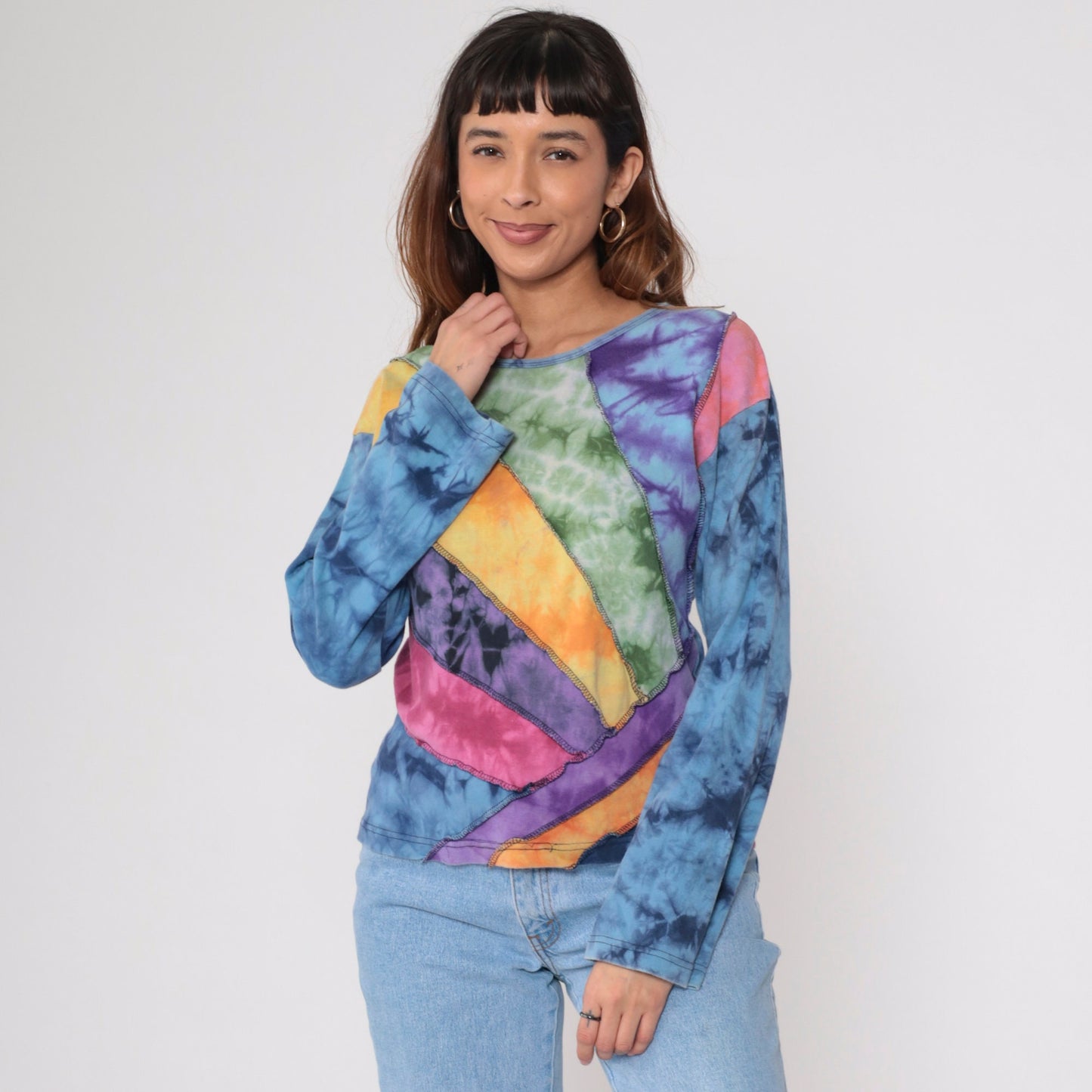 00s Tie Dye Panel Long Sleeve T Shirt Blue Green Yellow Purple Cotton Medium