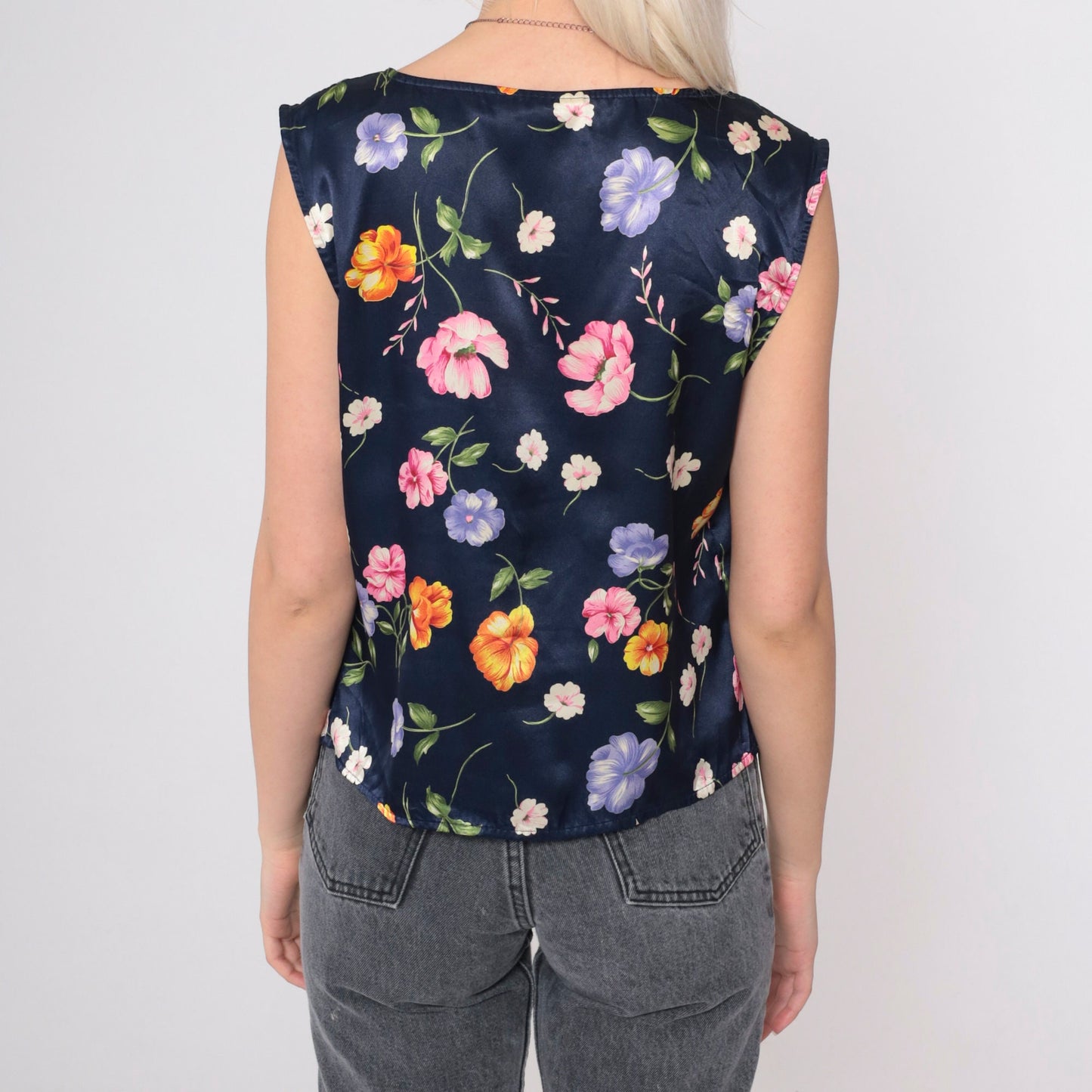 90s Navy Satin Floral Pajama Tank Top V-Neck Button-Up Sleep Shirt Medium