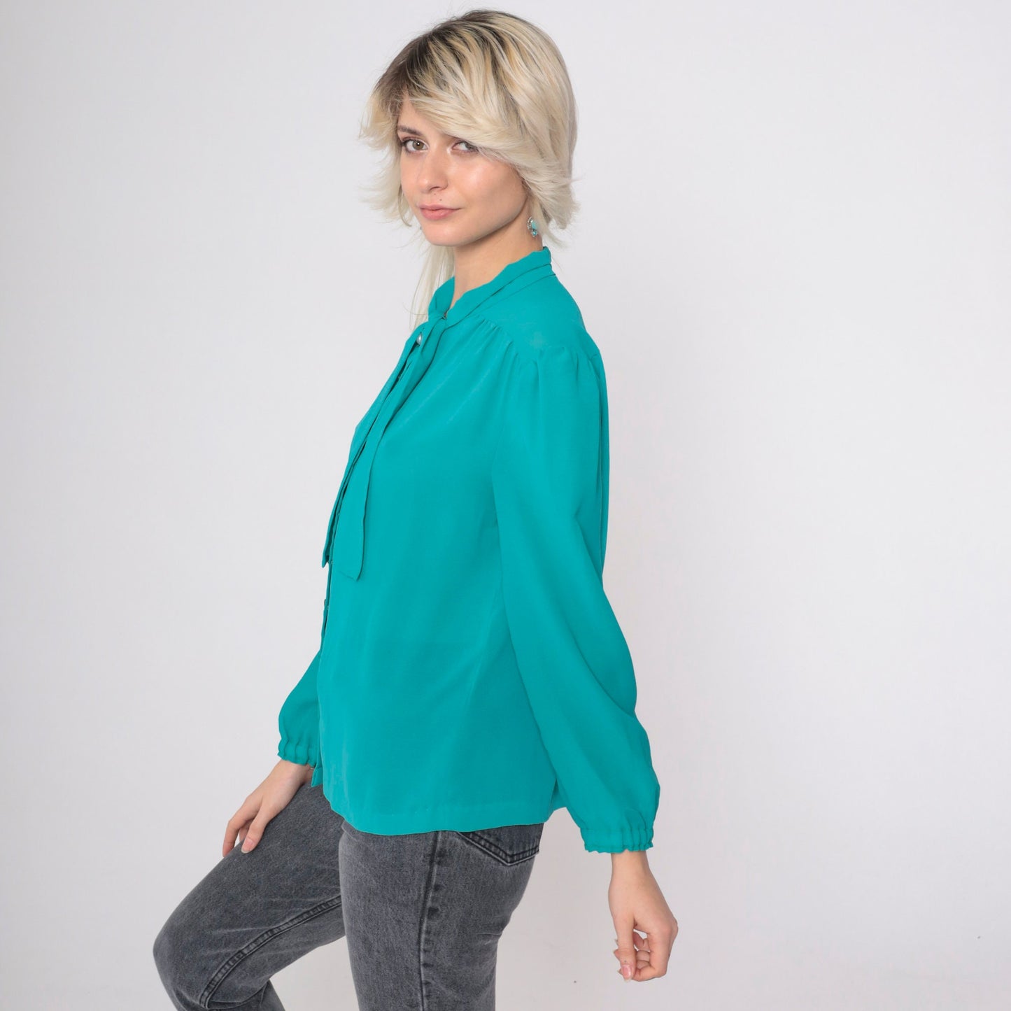 80s Teal Chiffon Blouse Puff Sleeve Ascot Bow Button-Up Large