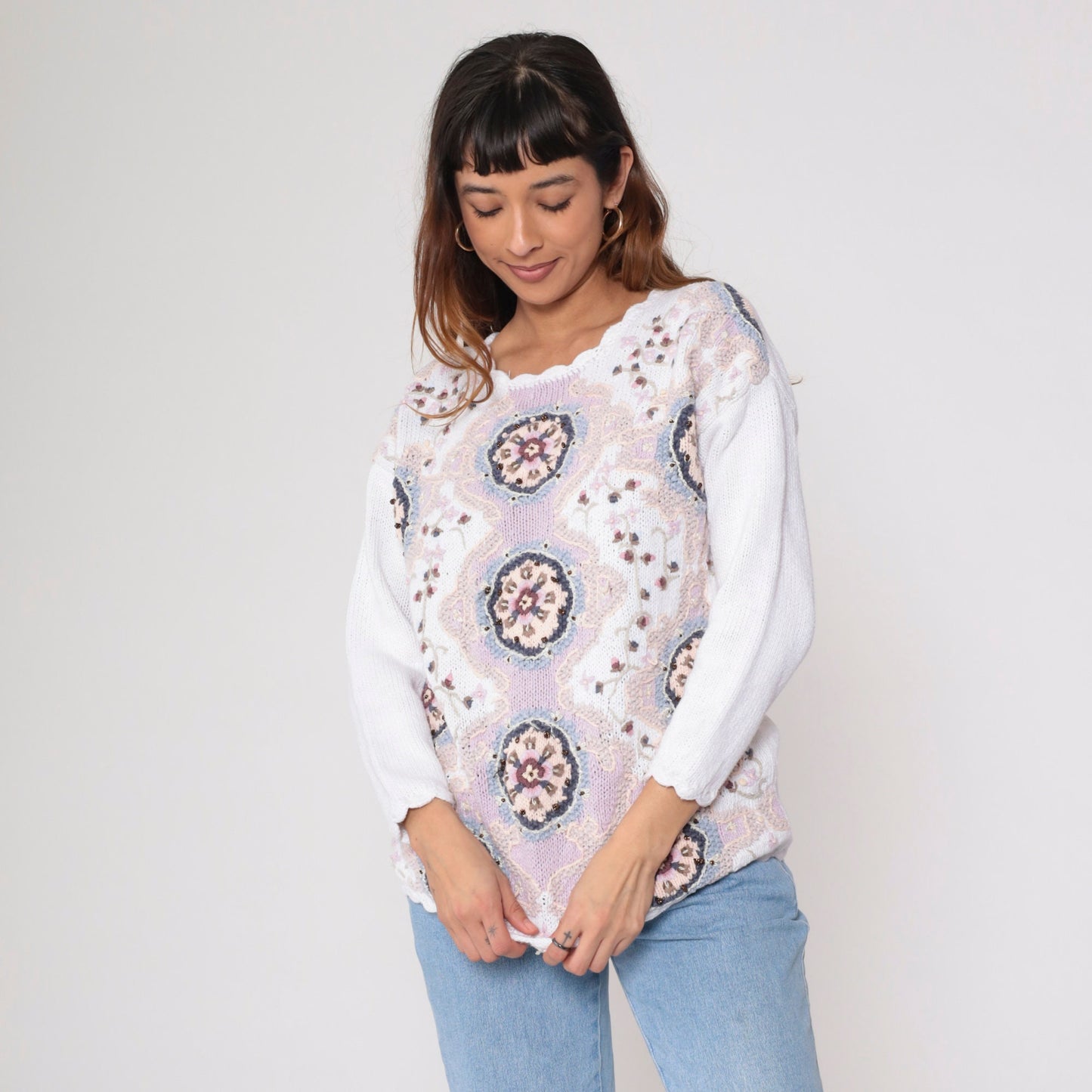 90s Floral Knit Sweater White Embroidered Glitter Scalloped Pullover Small