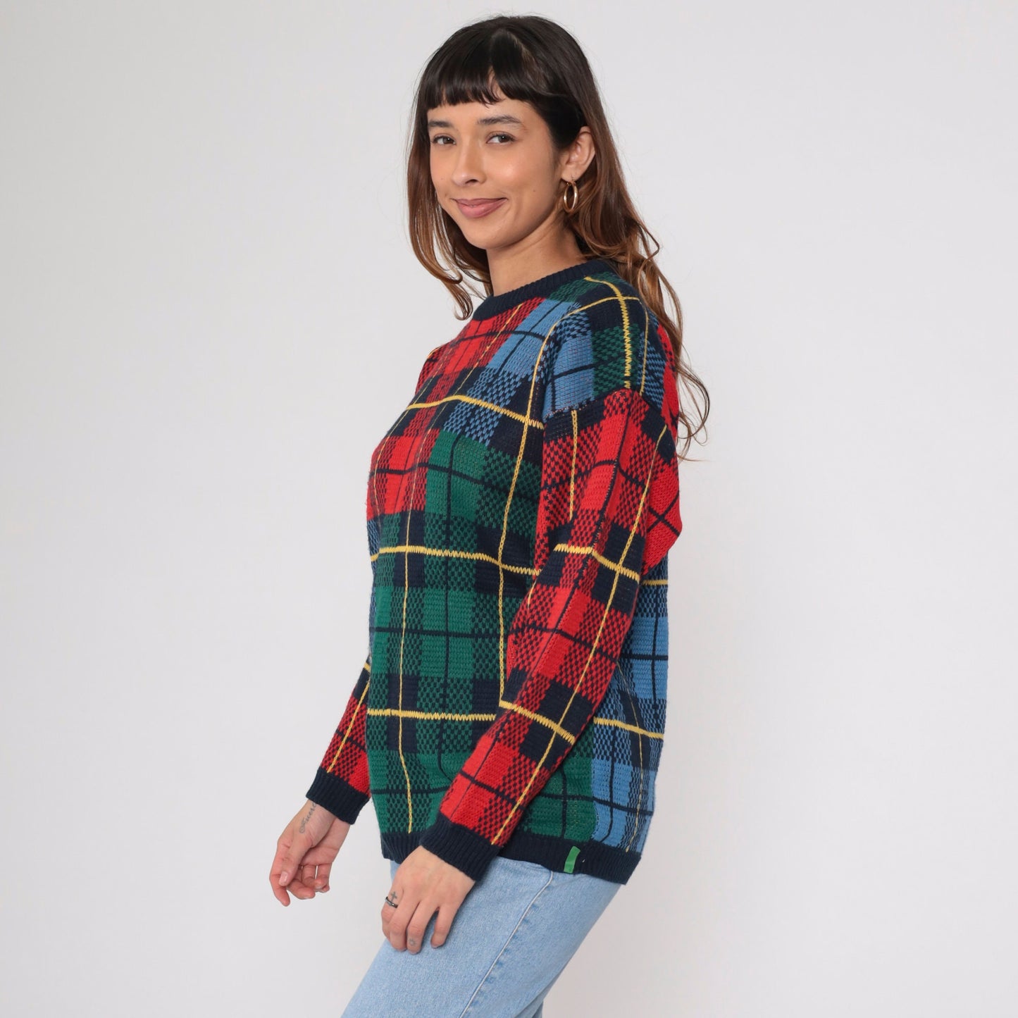 90s Silvercord Plaid Colour Block Sweater Red Green Blue Tartan Crewneck Medium
