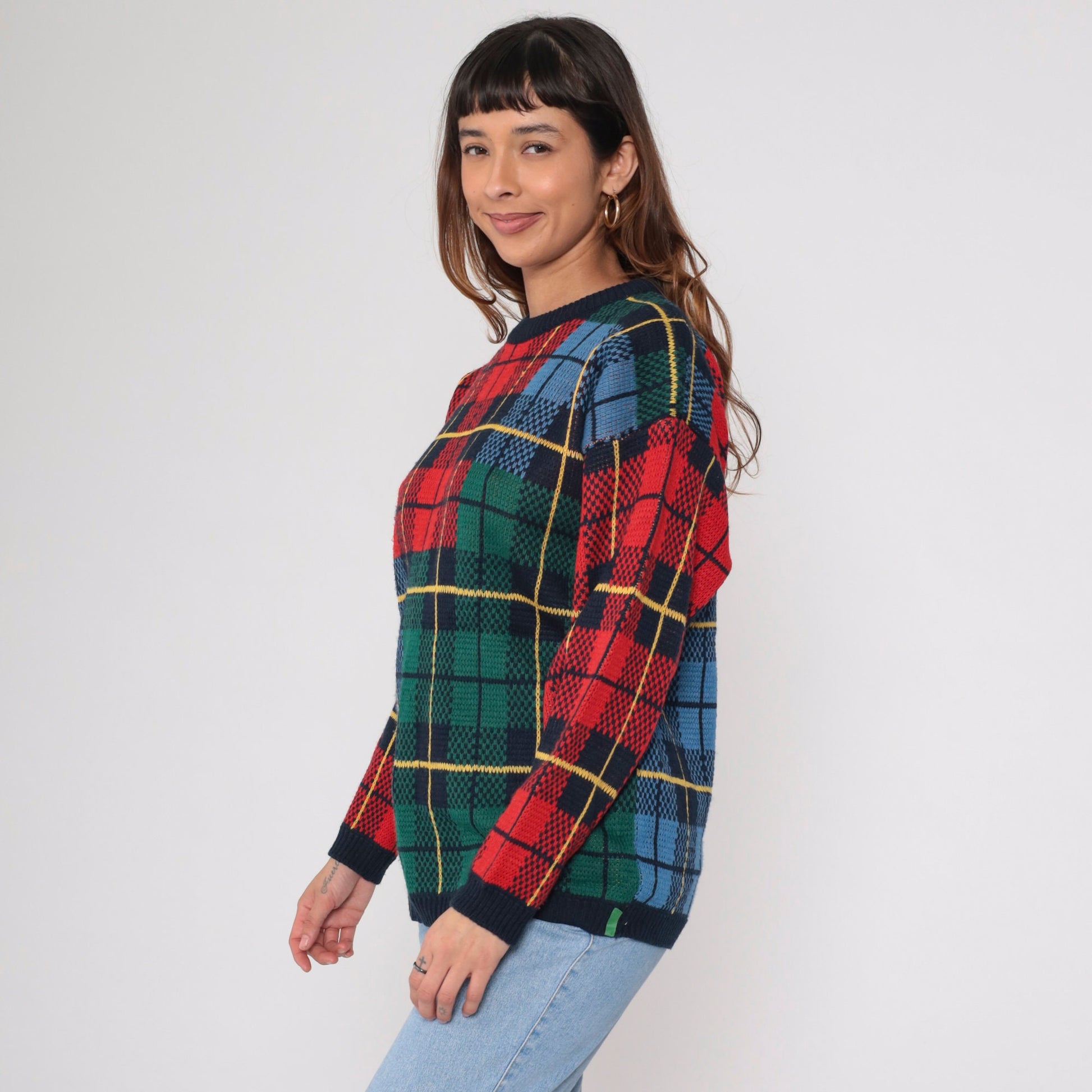 90s Silvercord Plaid Colour Block Sweater Red Green Blue Tartan Crewneck Medium