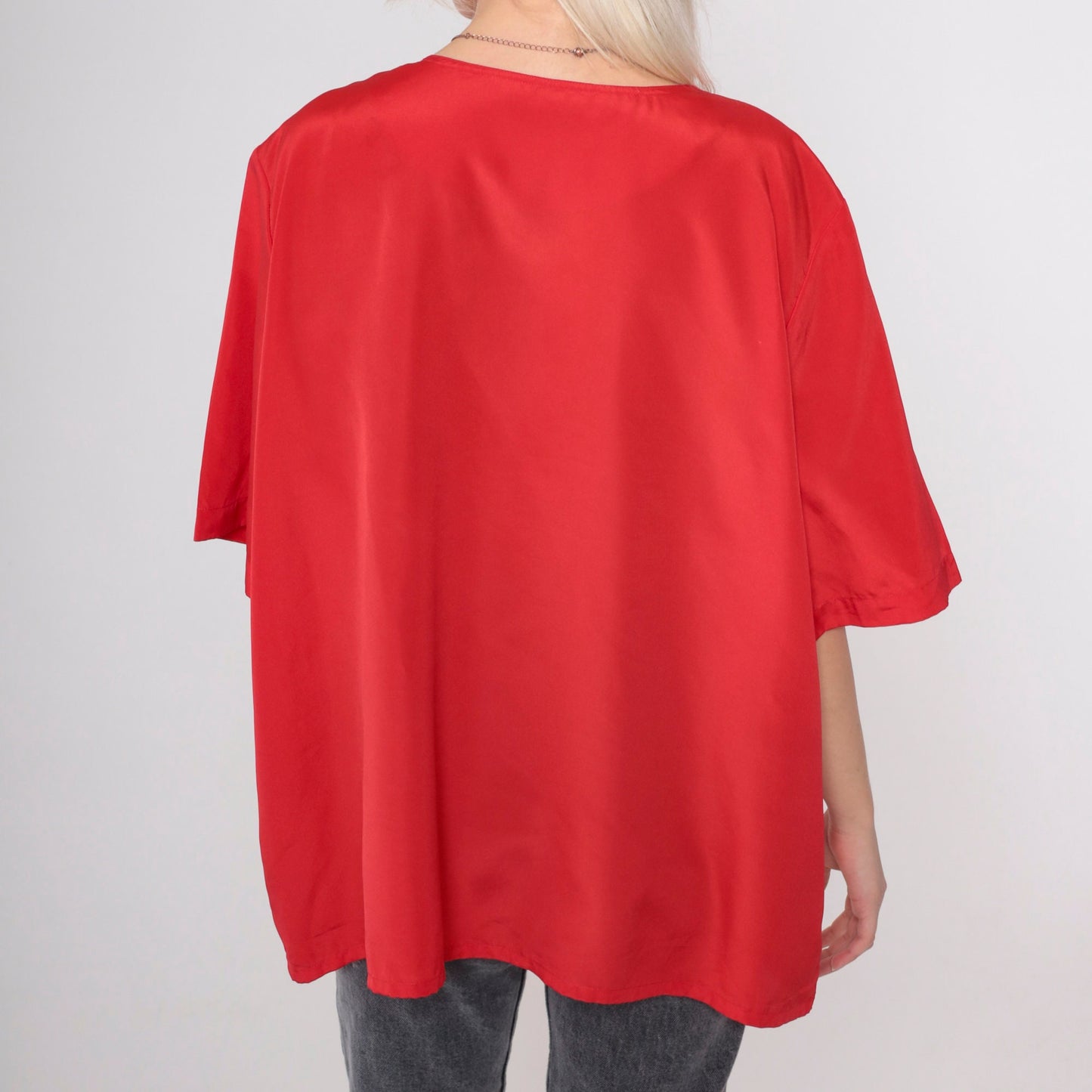 90s Koret Red Silky Blouse Short Sleeve Button Shoulder Plus Size XXL