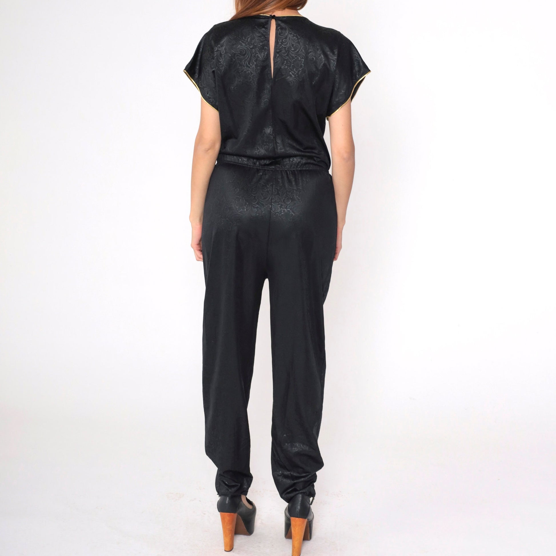 80s Black Floral Jumpsuit Gold Trim V-Neck Tapered High Waisted Small