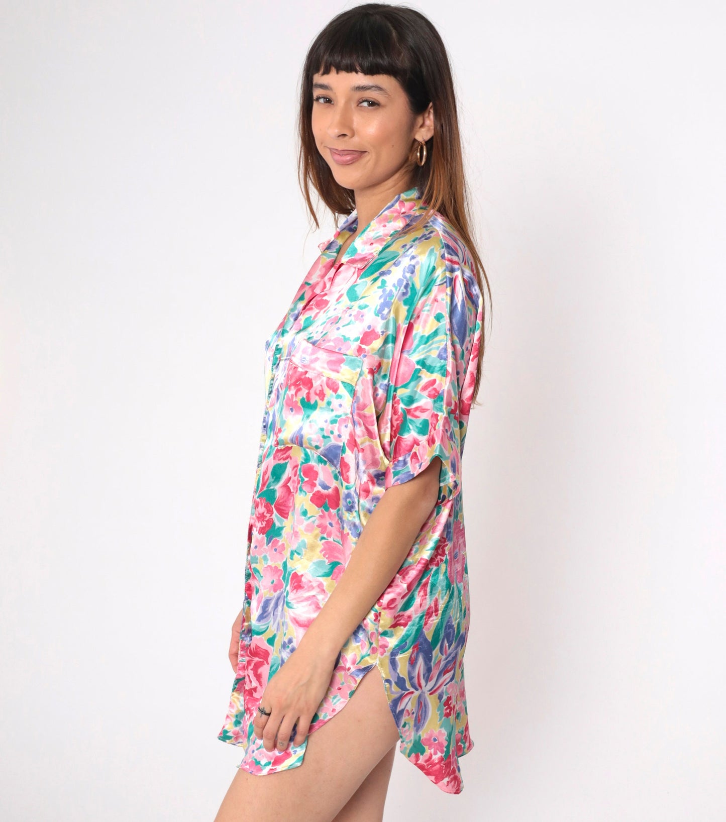 90s Nordstrom Floral Satin Nightgown Mini Button-Up Short Sleeve Multicolor Large