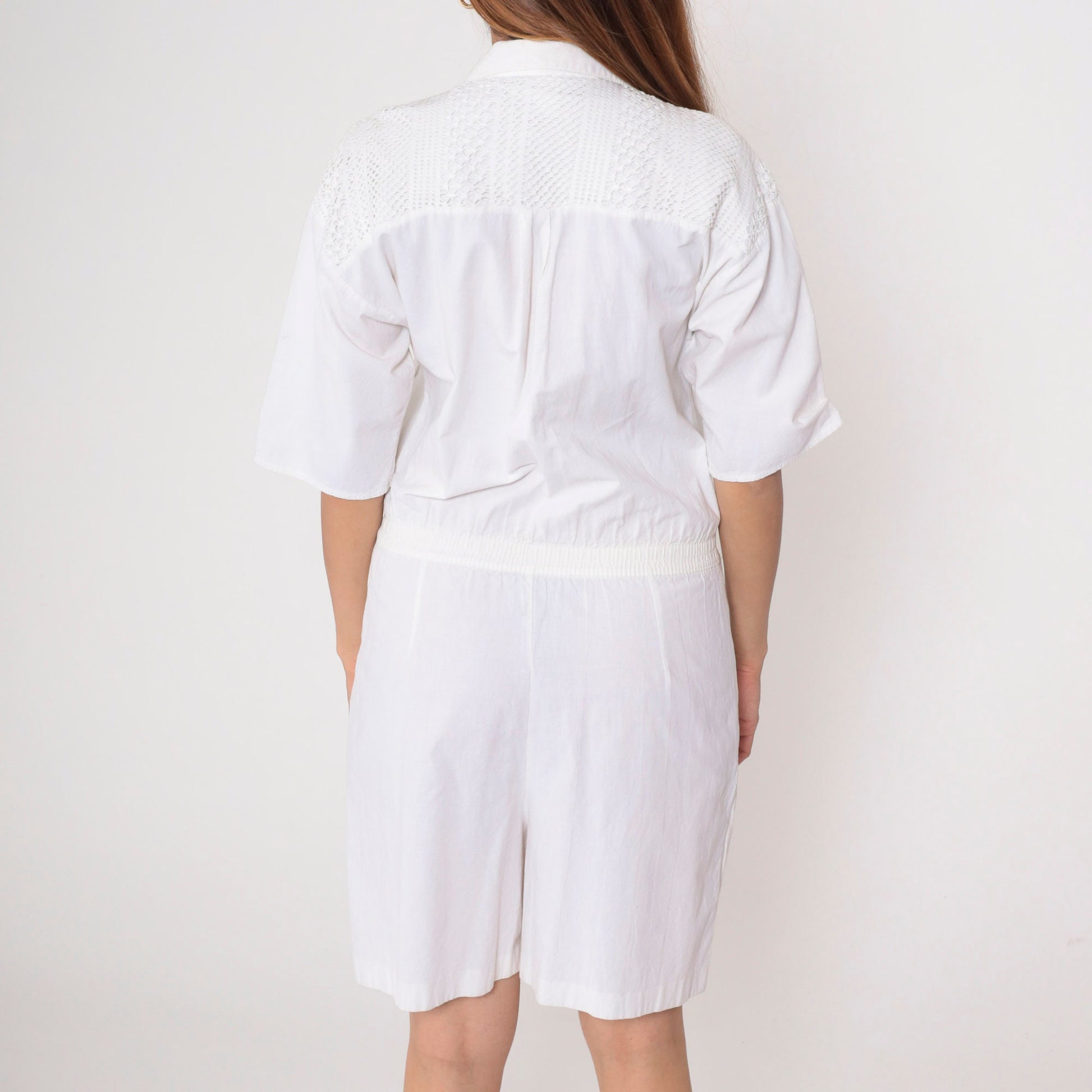 80s White Cotton Mesh Romper Button-Up Playsuit Short Sleeve Medium