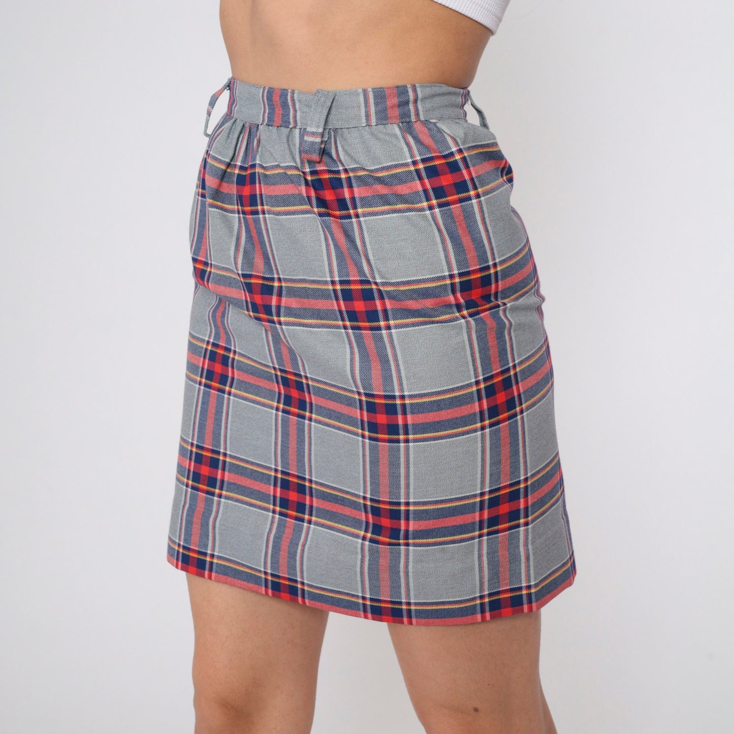 70s Grey Plaid Mini Skirt High Waist Straight Tartan Small