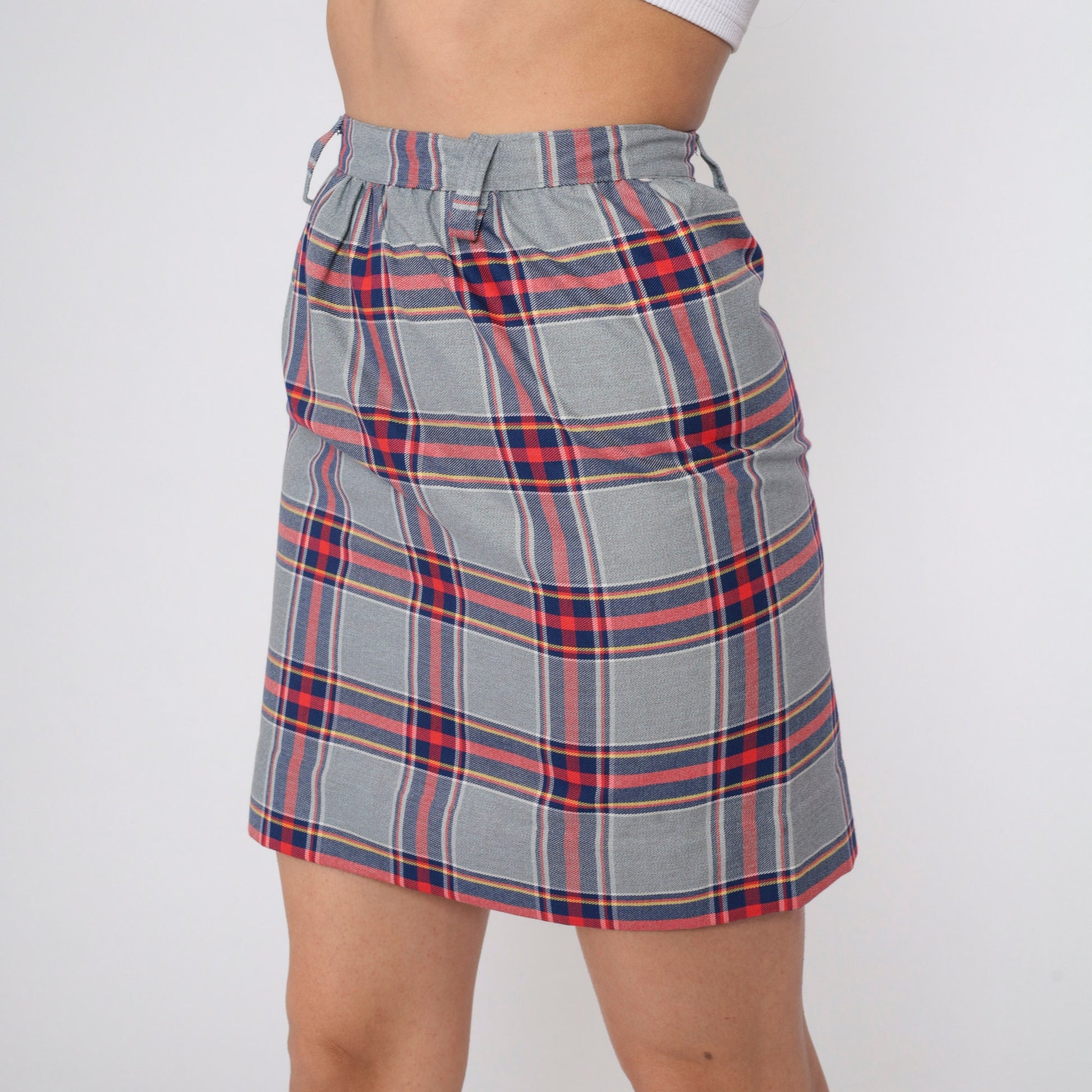 70s Grey Plaid Mini Skirt High Waist Straight Tartan Small