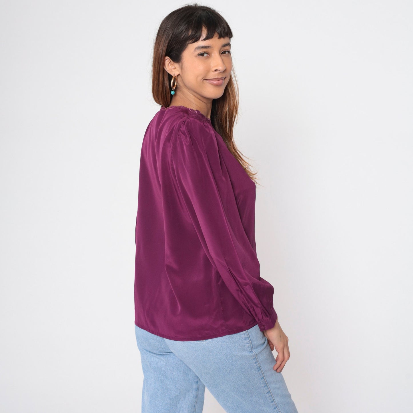 80s Purple Satin Blouse Puff Sleeve Embroidered Cutwork Button-Up Large