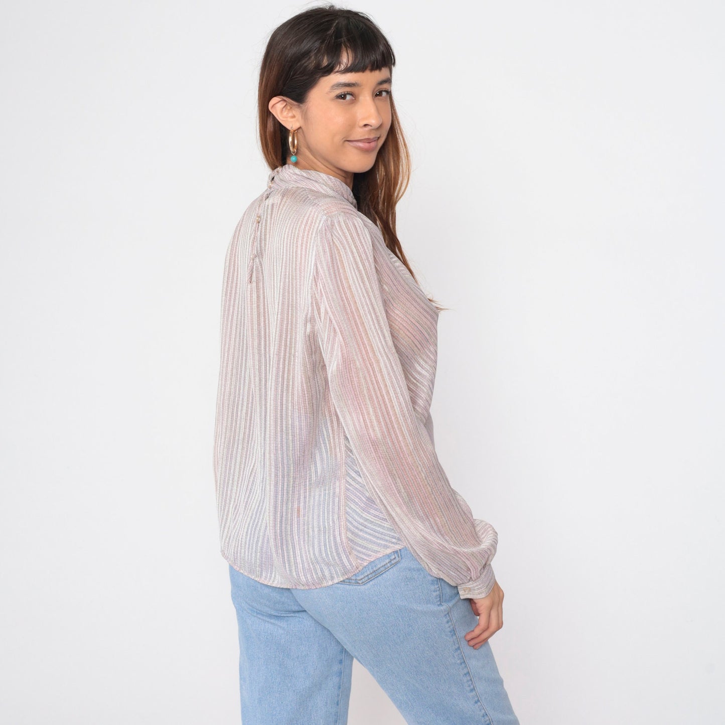 80s Sheer Striped Cowl Neck Blouse Puff Sleeve Button Back Grey Pink Medium