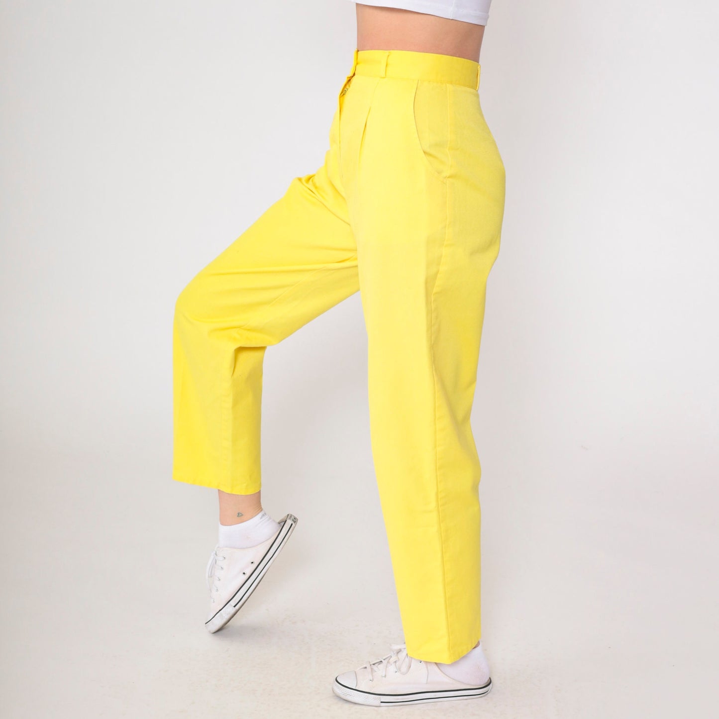 80s Yellow High-Waisted Pleated Tapered Trousers Extra Small
