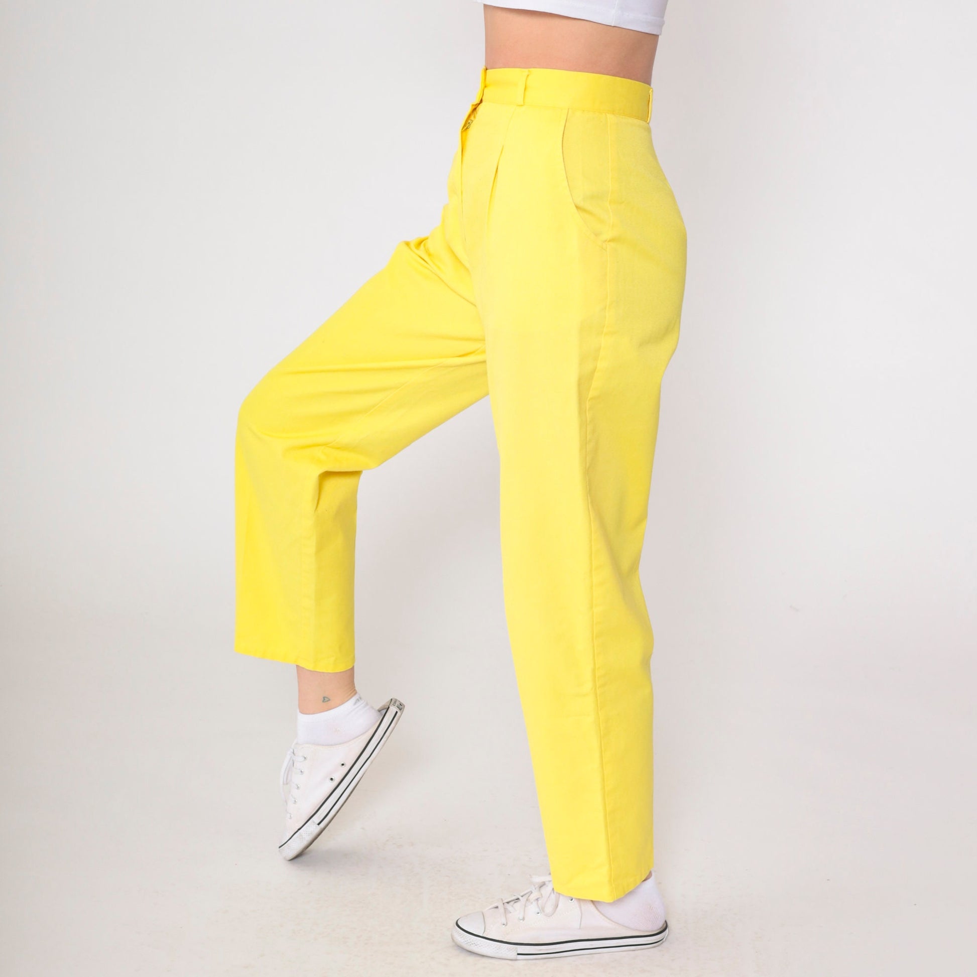 80s Yellow High-Waisted Pleated Tapered Trousers Extra Small