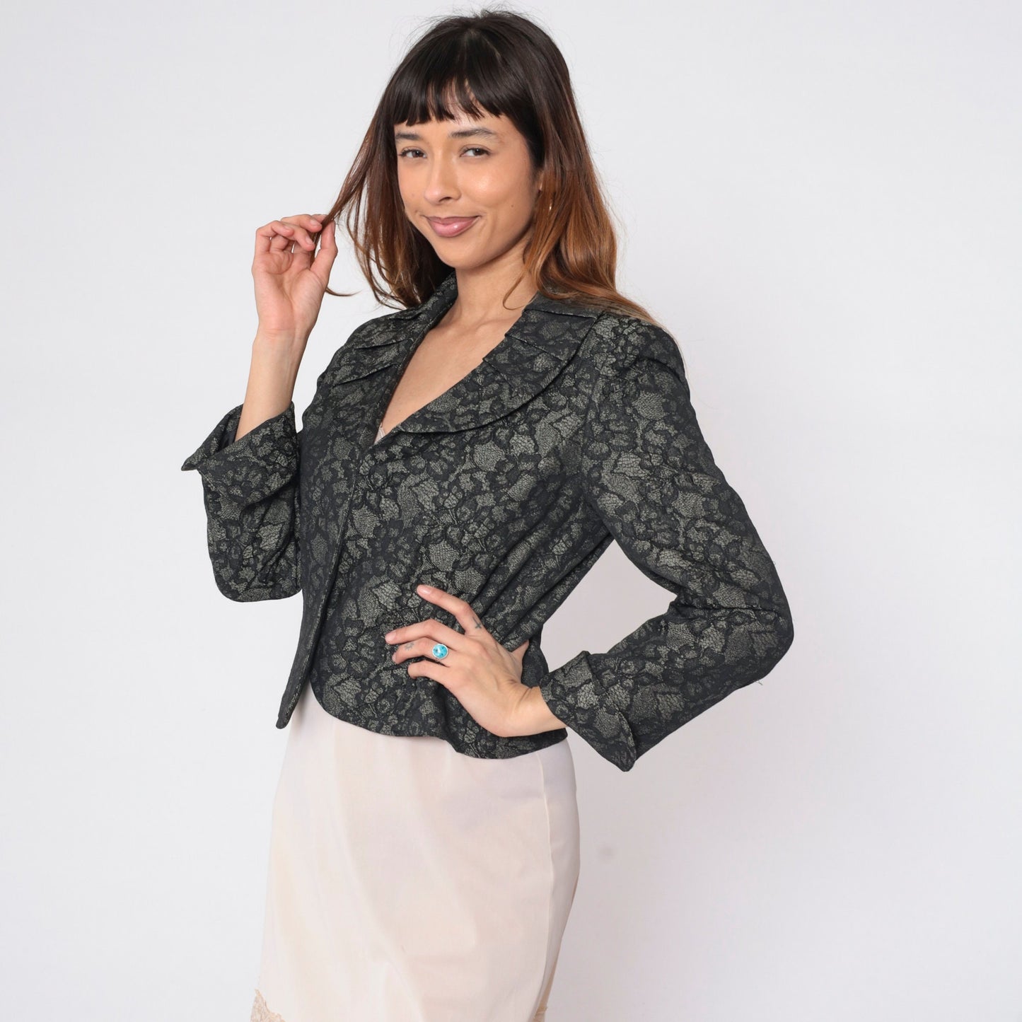 80s Le Suit Floral Lace Cropped Blazer Grey Pleated Collar Medium