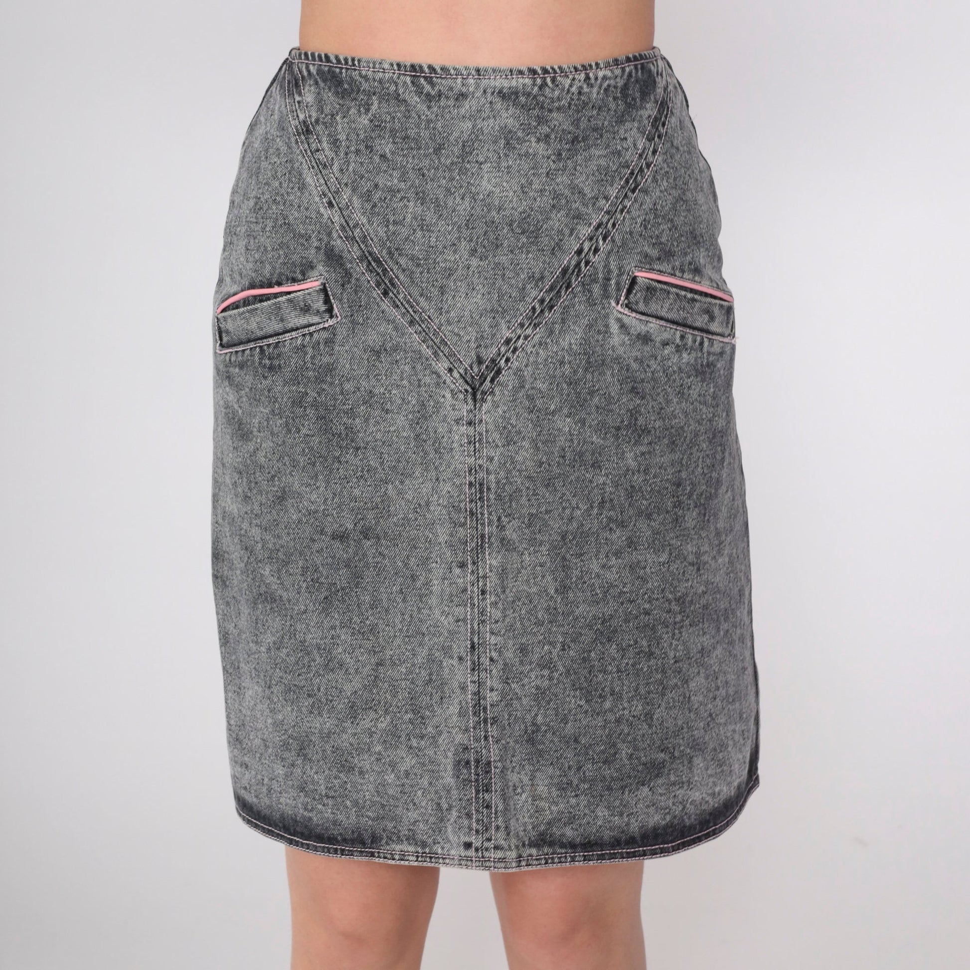 90s Acid Wash Denim Mini Skirt Grey Pink Lace Up High Waist Extra Small