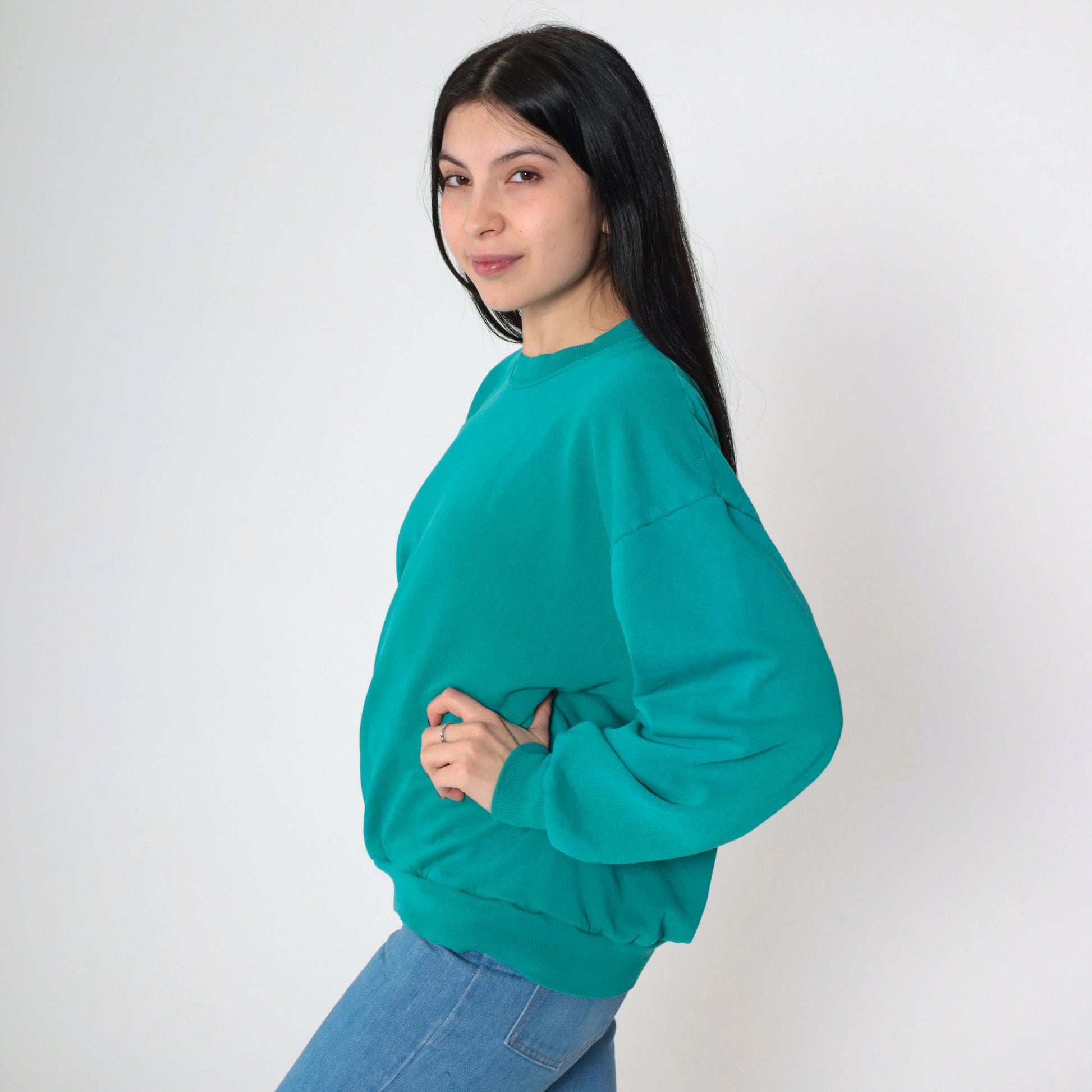 90s Teal Crewneck Sweatshirt Plain Long Sleeve Pullover Large