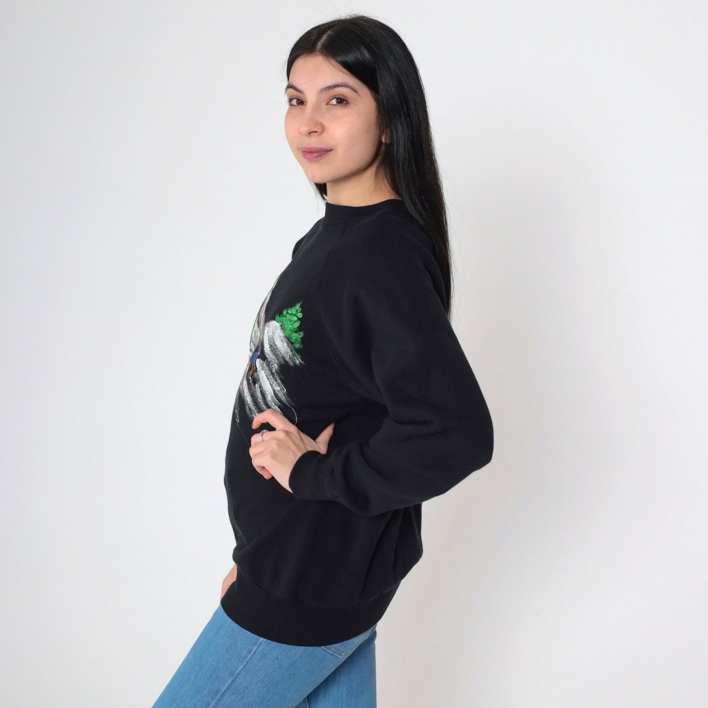 80s Tultex Hand Painted Ski Scene Sweatshirt Black Crewneck Raglan Medium