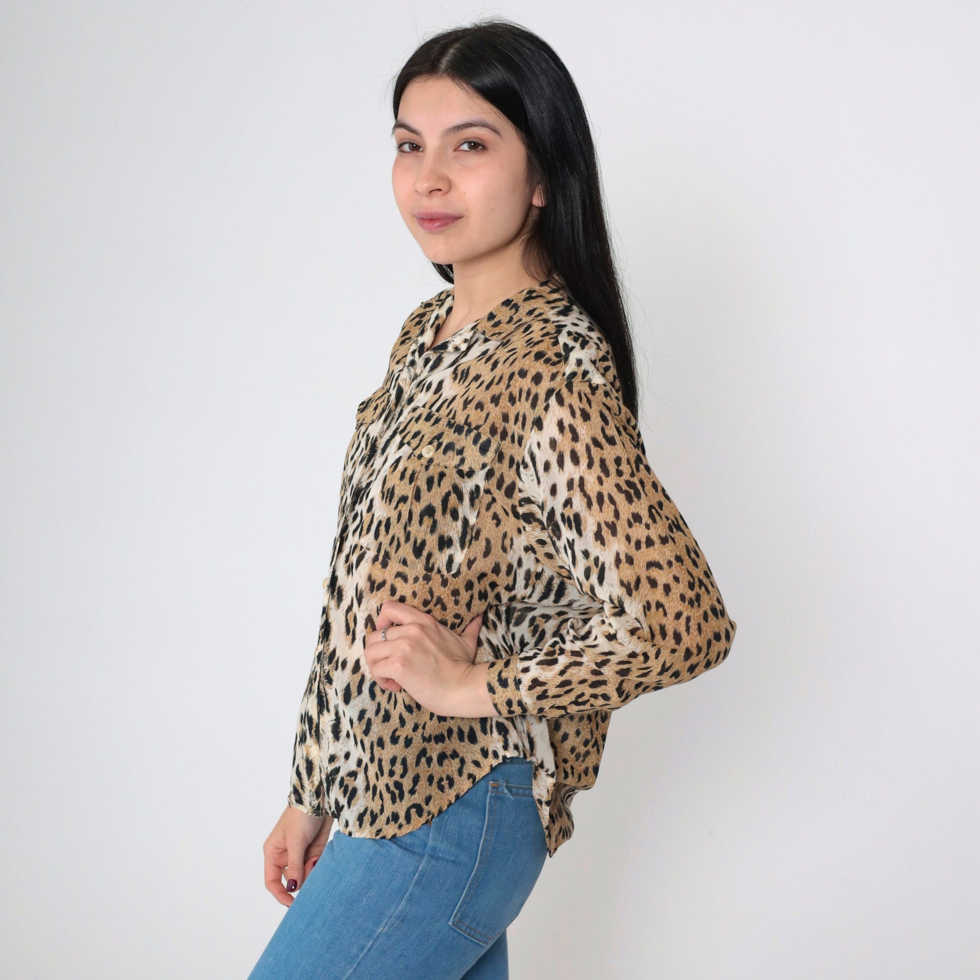 90s Leopard Print Button-Up Blouse Long Sleeve Semi-Sheer Small