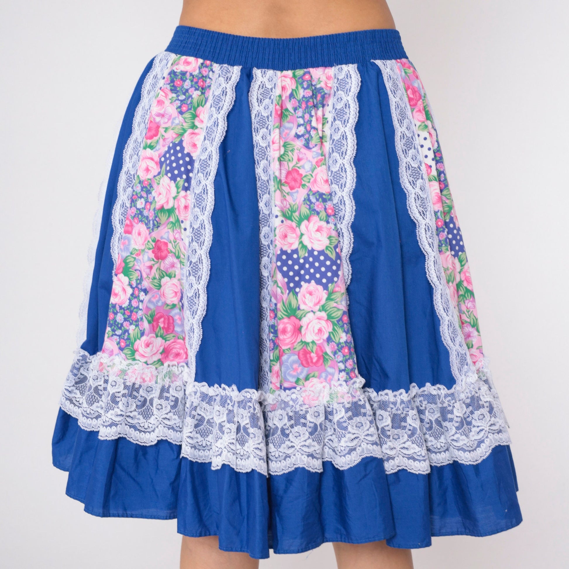 80s Blue Floral Prairie Skirt High Waist Tiered Lace Trim Mini Small