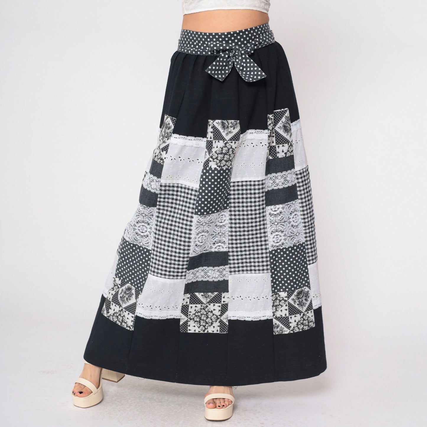 70s Patchwork Wrap Skirt Black White Maxi Eyelet Lace Gingham Polka Dot Medium Large