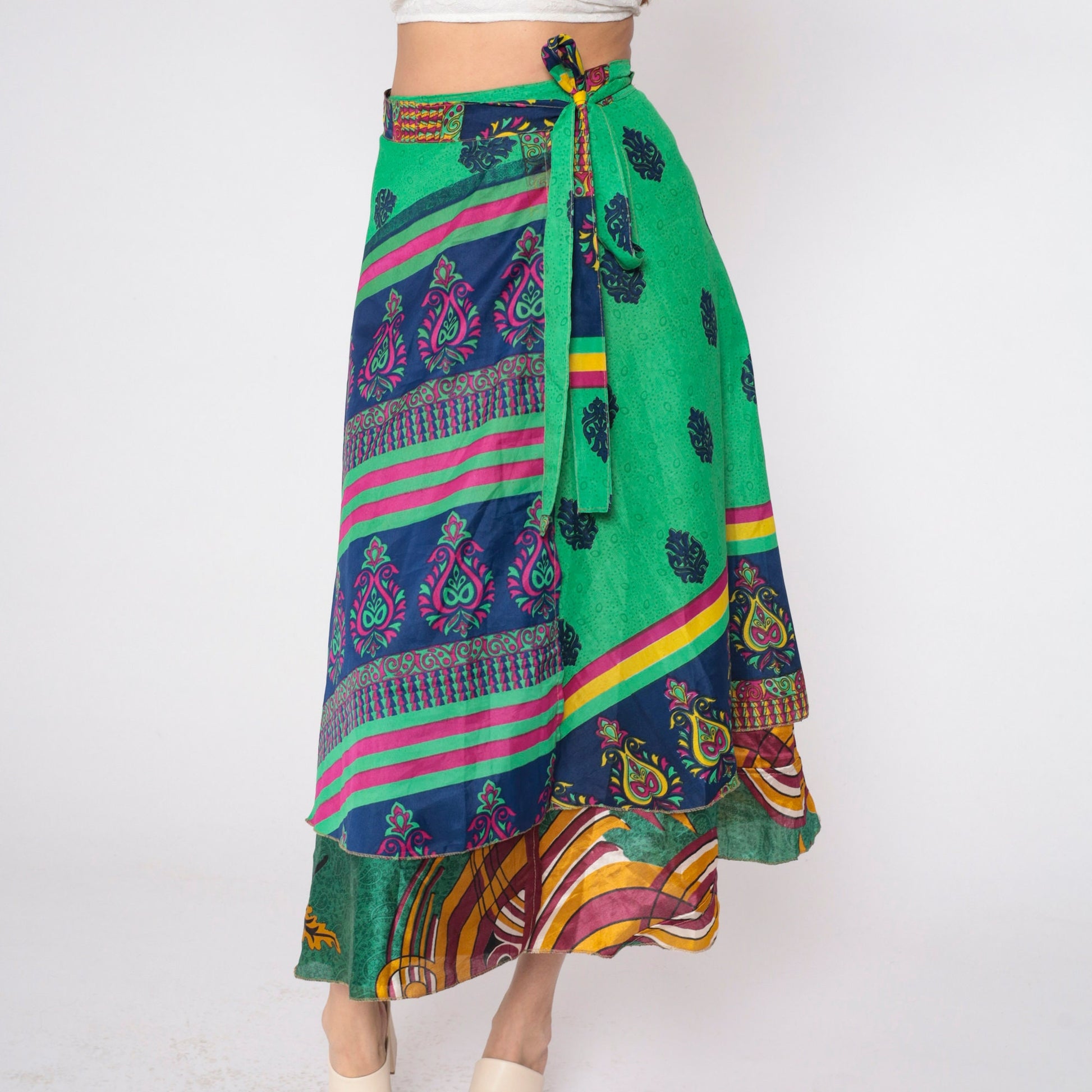 Y2K Reversible Wrap Midi Skirt Green Floral Paisley Print 00s Small Medium Large