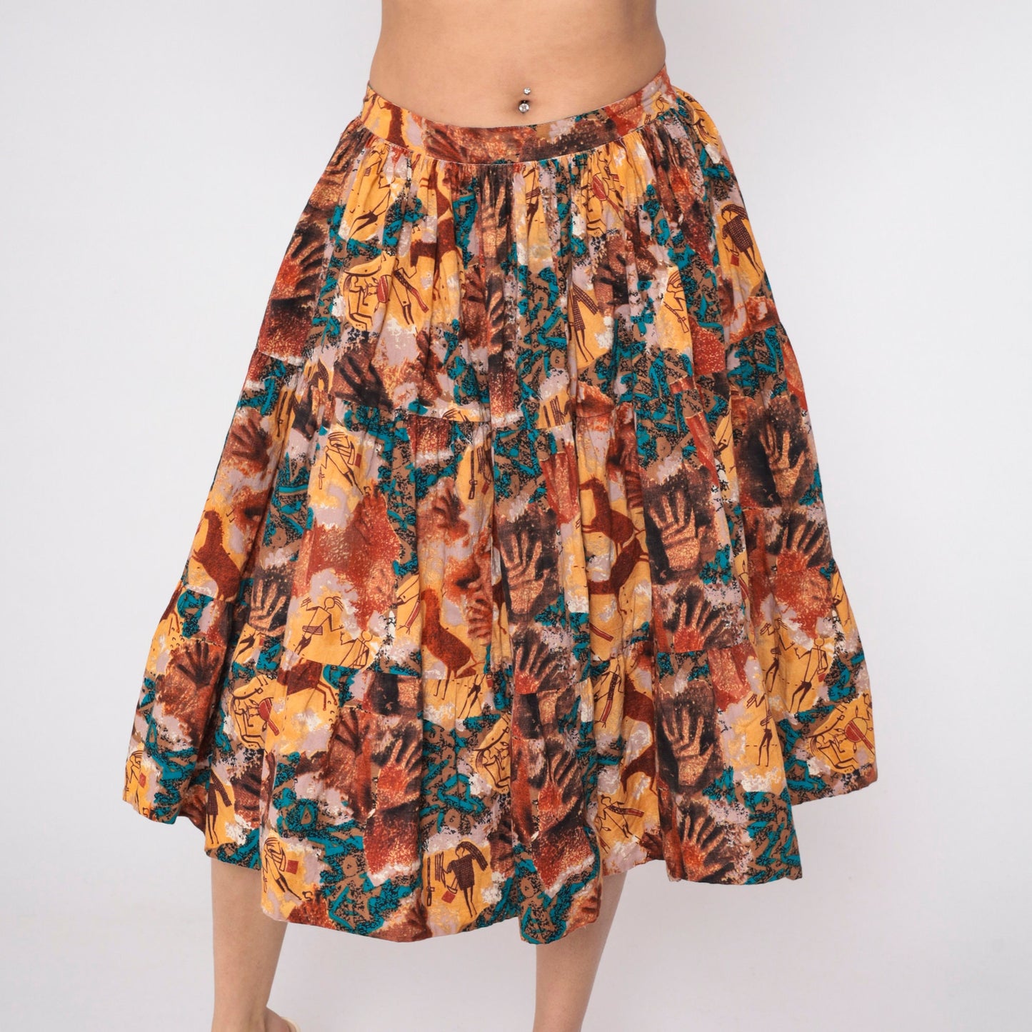 90s Tie Dye Petroglyph Tiered Midi Skirt High Waist Multicolor Cotton Medium M