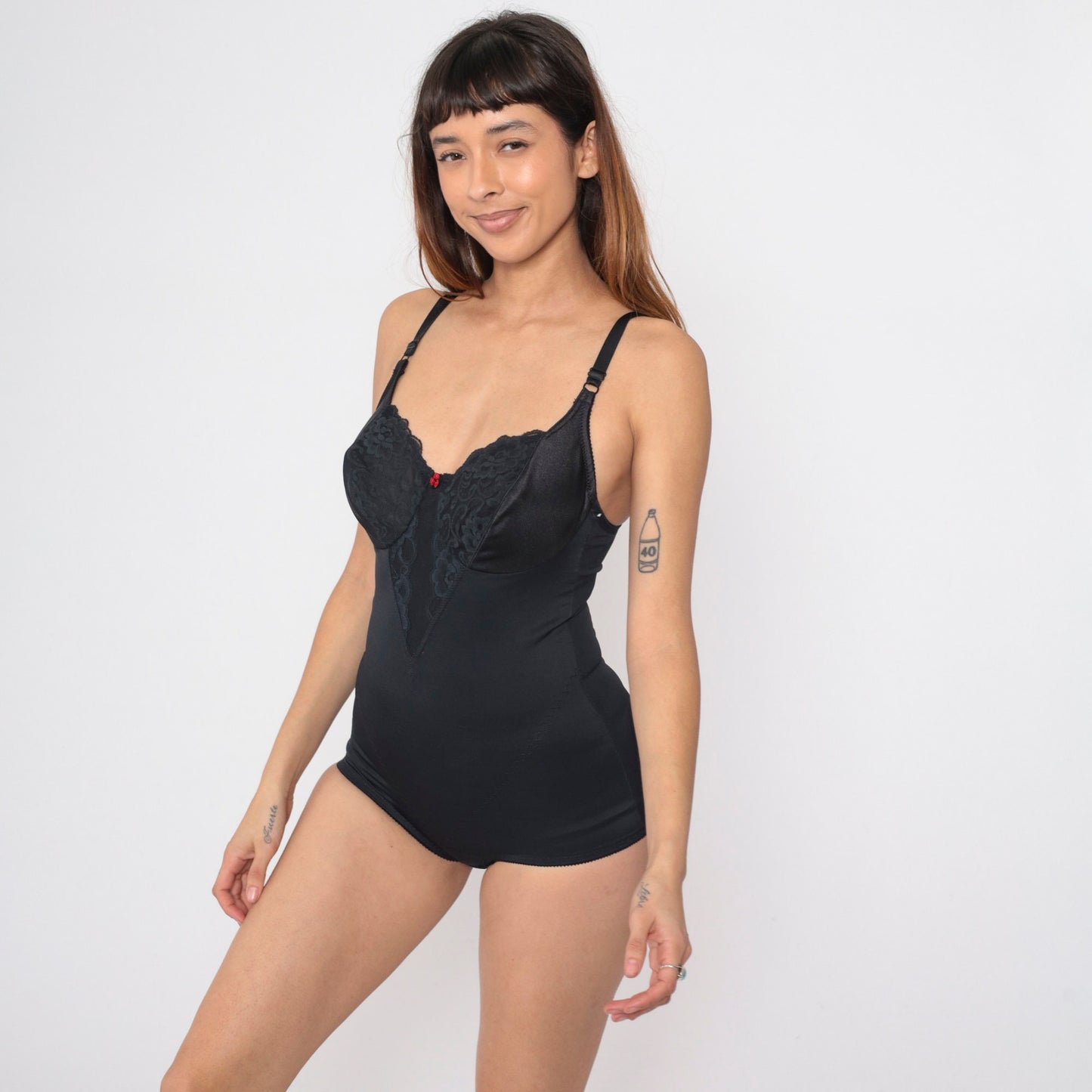 80s Black Lace Shapewear Bodysuit Girdle Underwire Spaghetti Strap 36B
