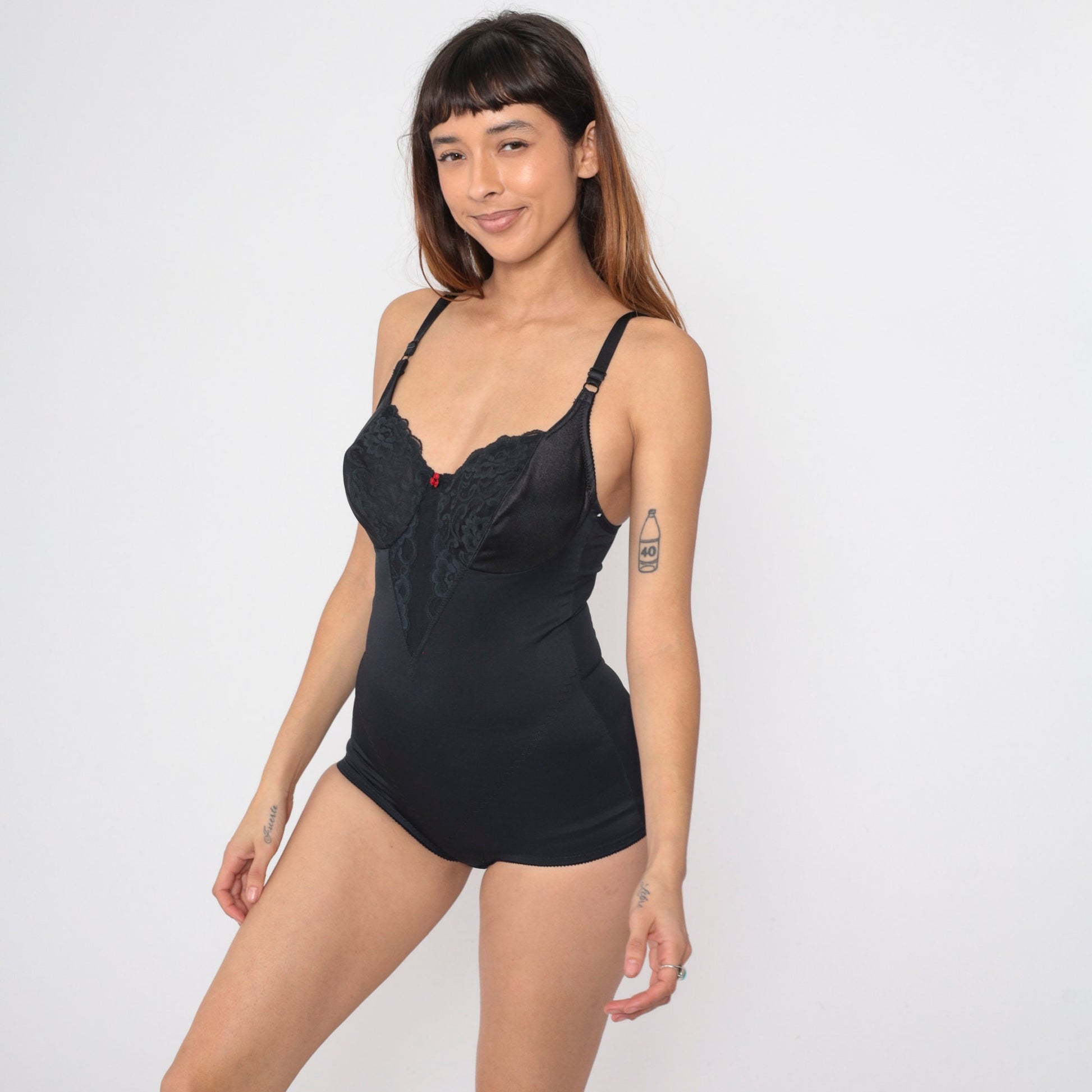 80s Black Lace Shapewear Bodysuit Girdle Underwire Spaghetti Strap 36B