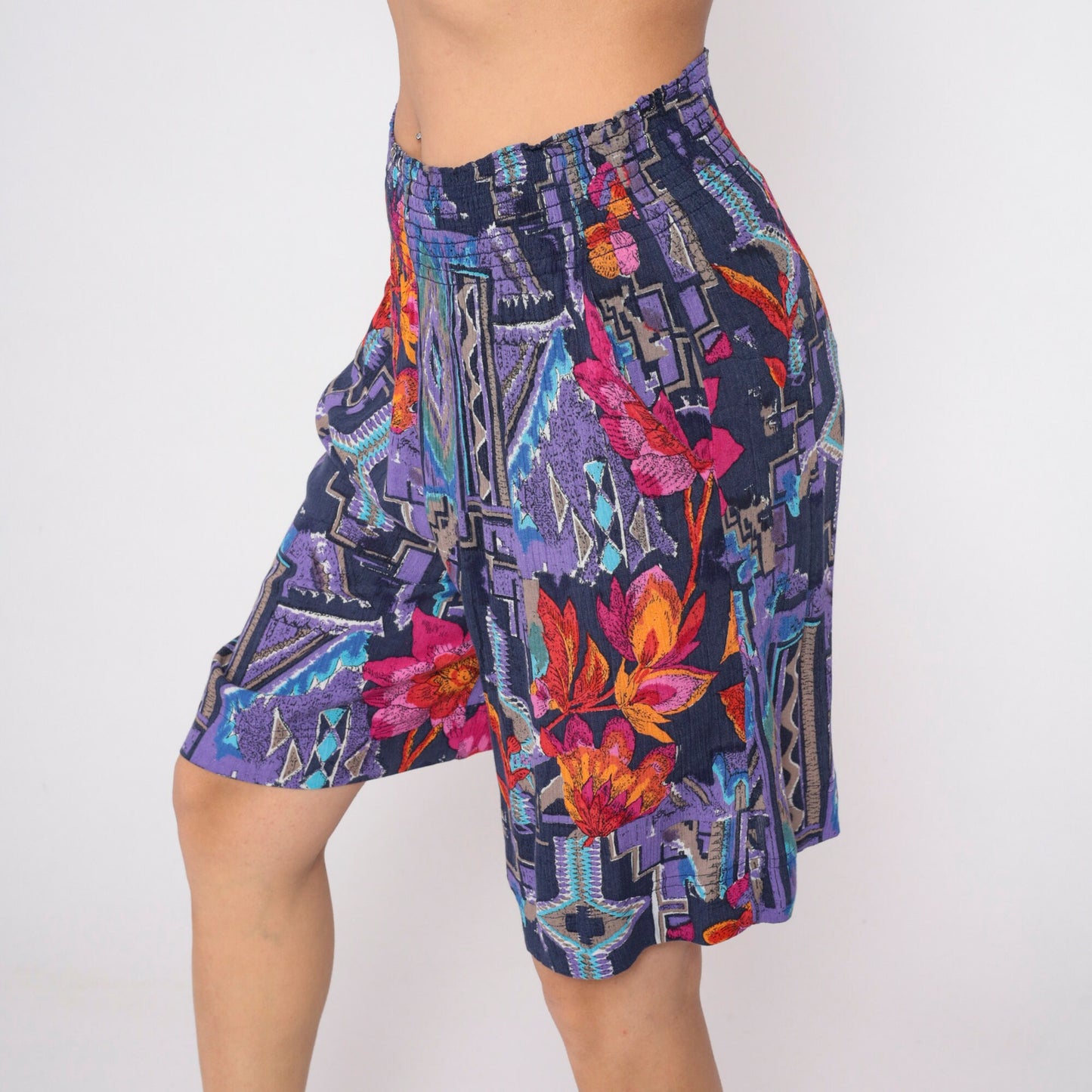 90s Carole Little Abstract Floral Wide Leg Shorts Purple Geometric Print Small