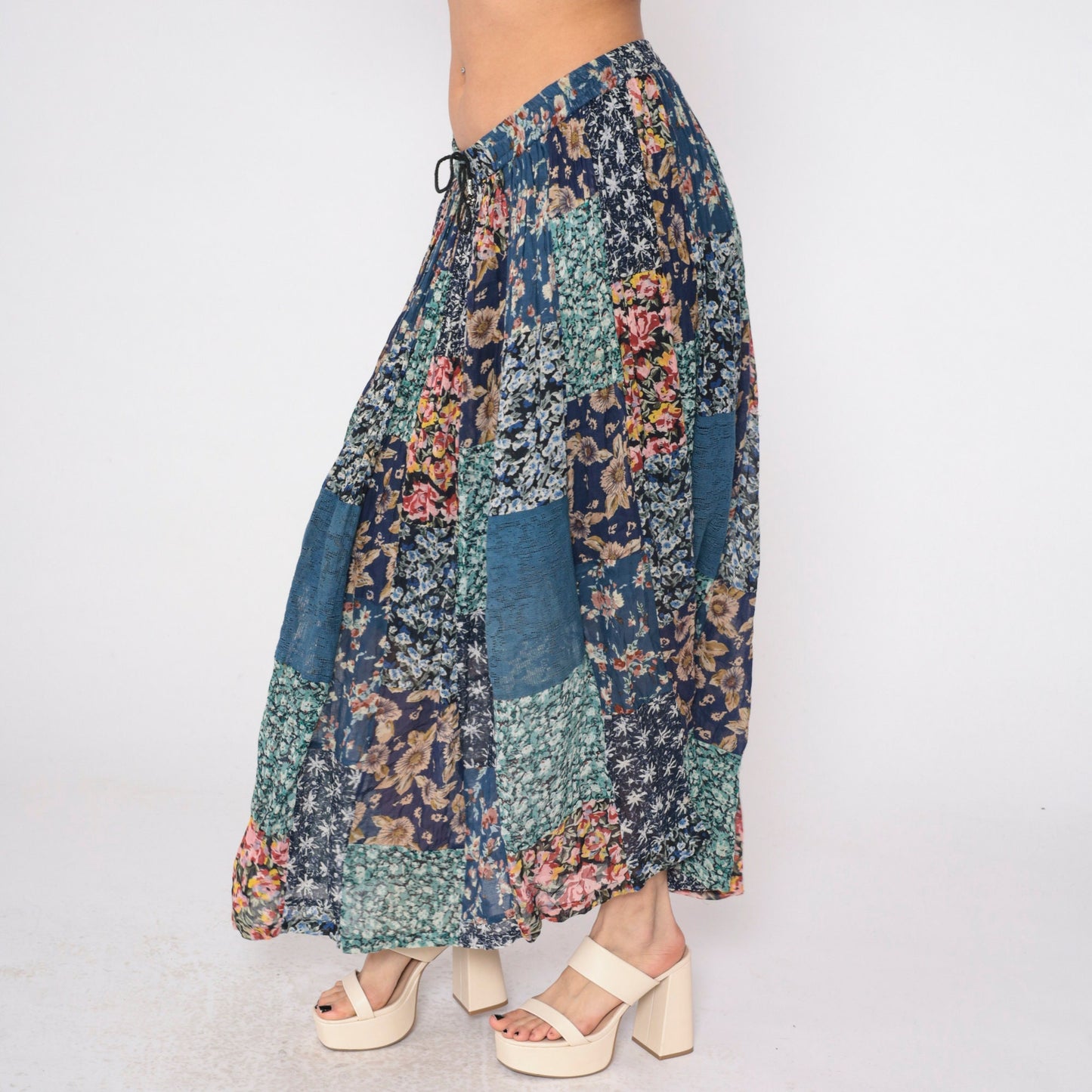 90s Patchwork Floral Maxi Skirt Blue Drawstring Rayon Medium M