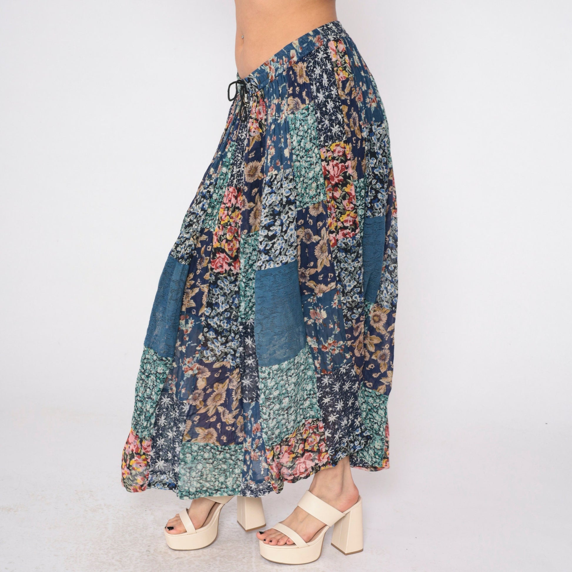 90s Patchwork Floral Maxi Skirt Blue Drawstring Rayon Medium M