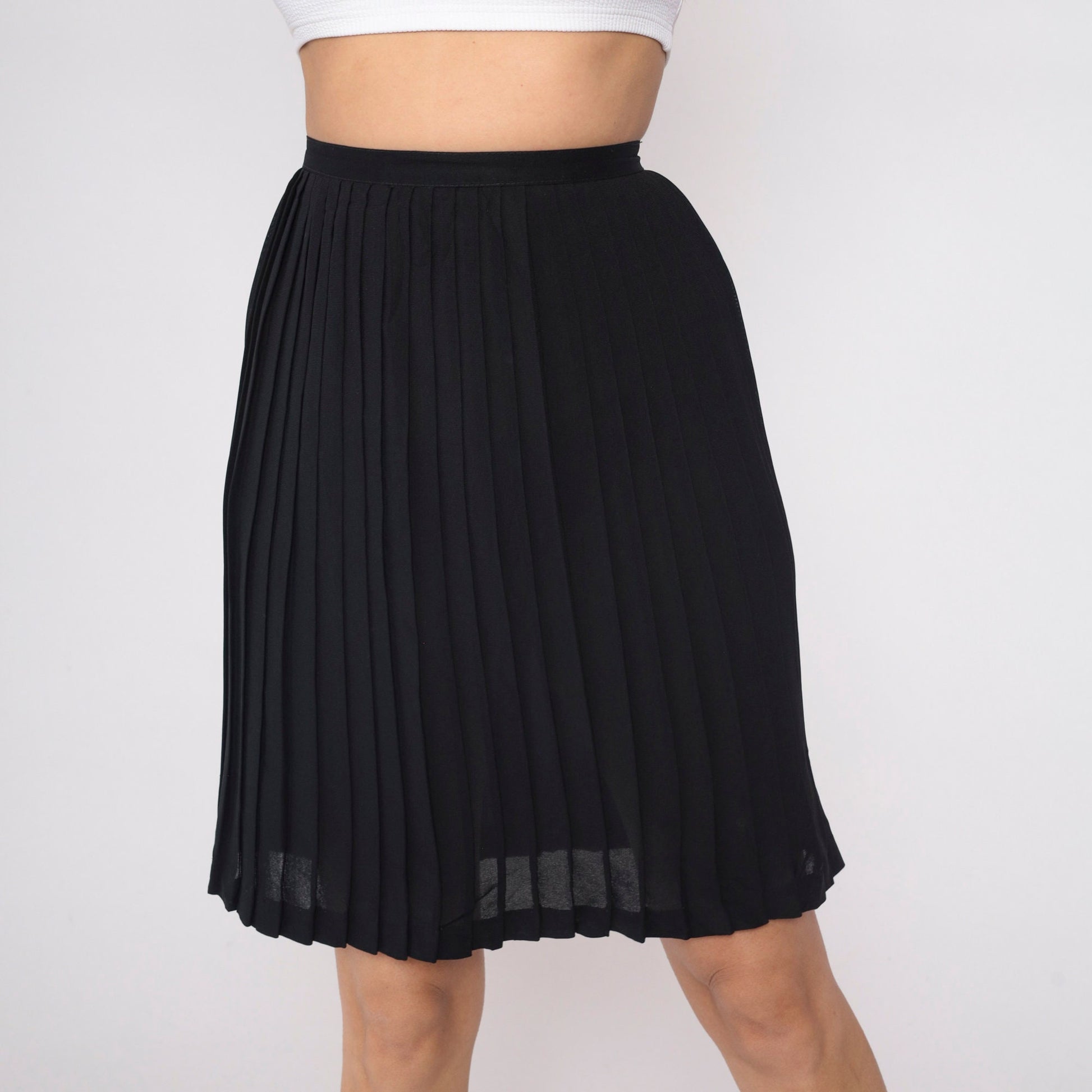 60s Black Pleated Mini Skirt High Waist Semi-Sheer Extra Small XS