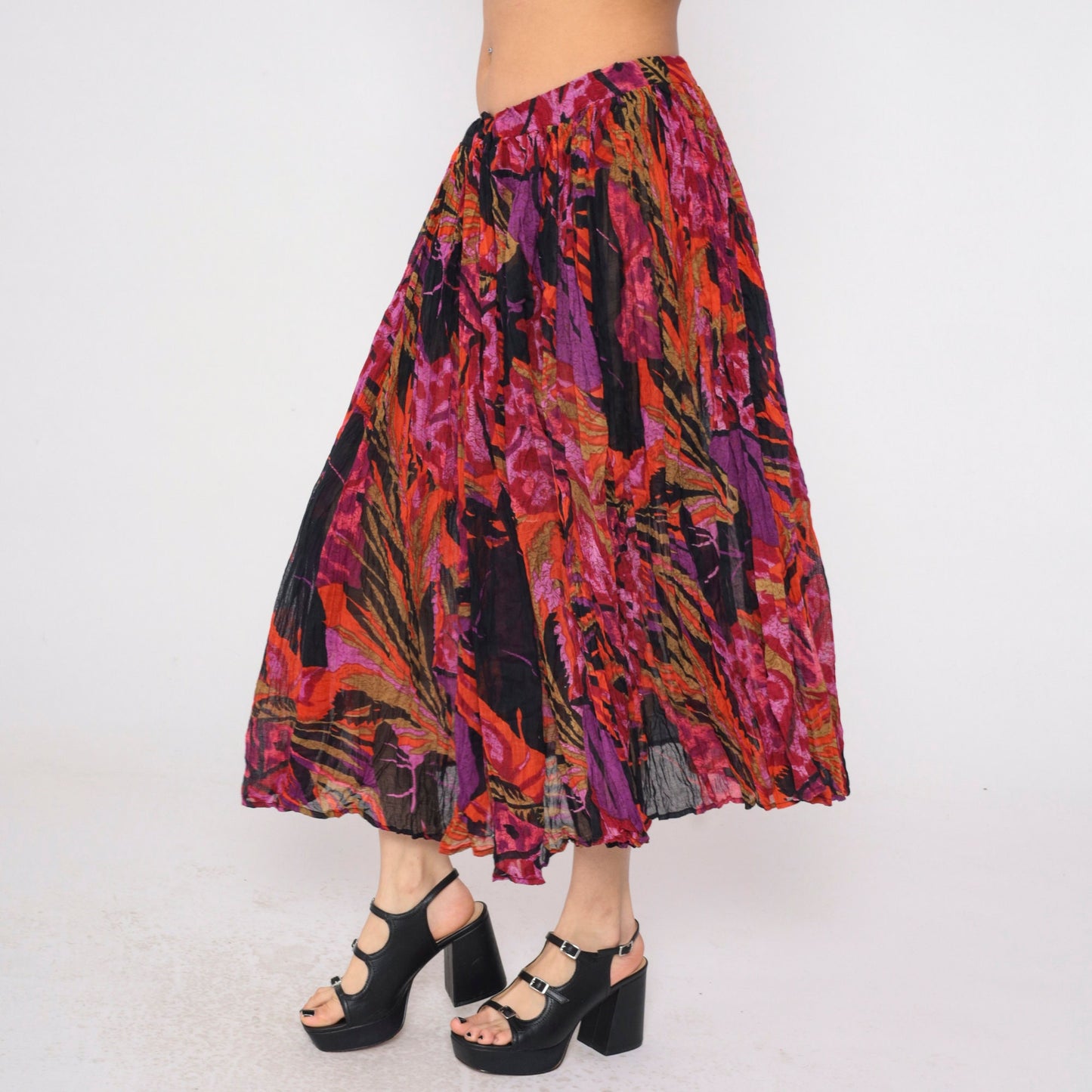90s Floral Broomstick Midi Skirt Pleated Drawstring Waist Black Purple Red Orange Extra Large