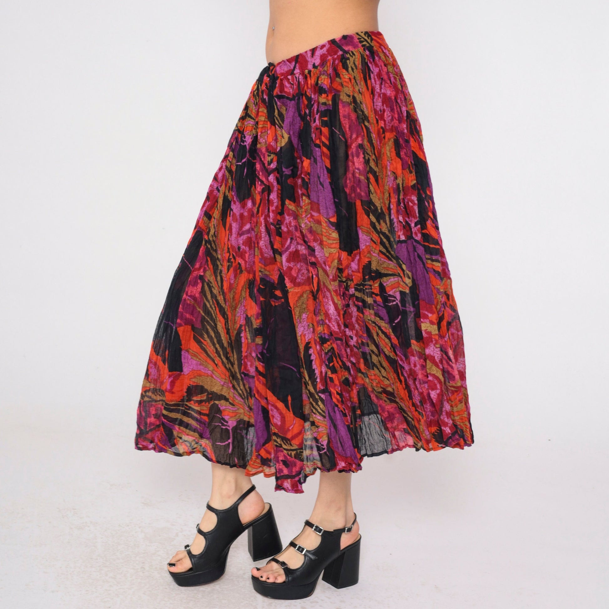90s Floral Broomstick Midi Skirt Pleated Drawstring Waist Black Purple Red Orange Extra Large