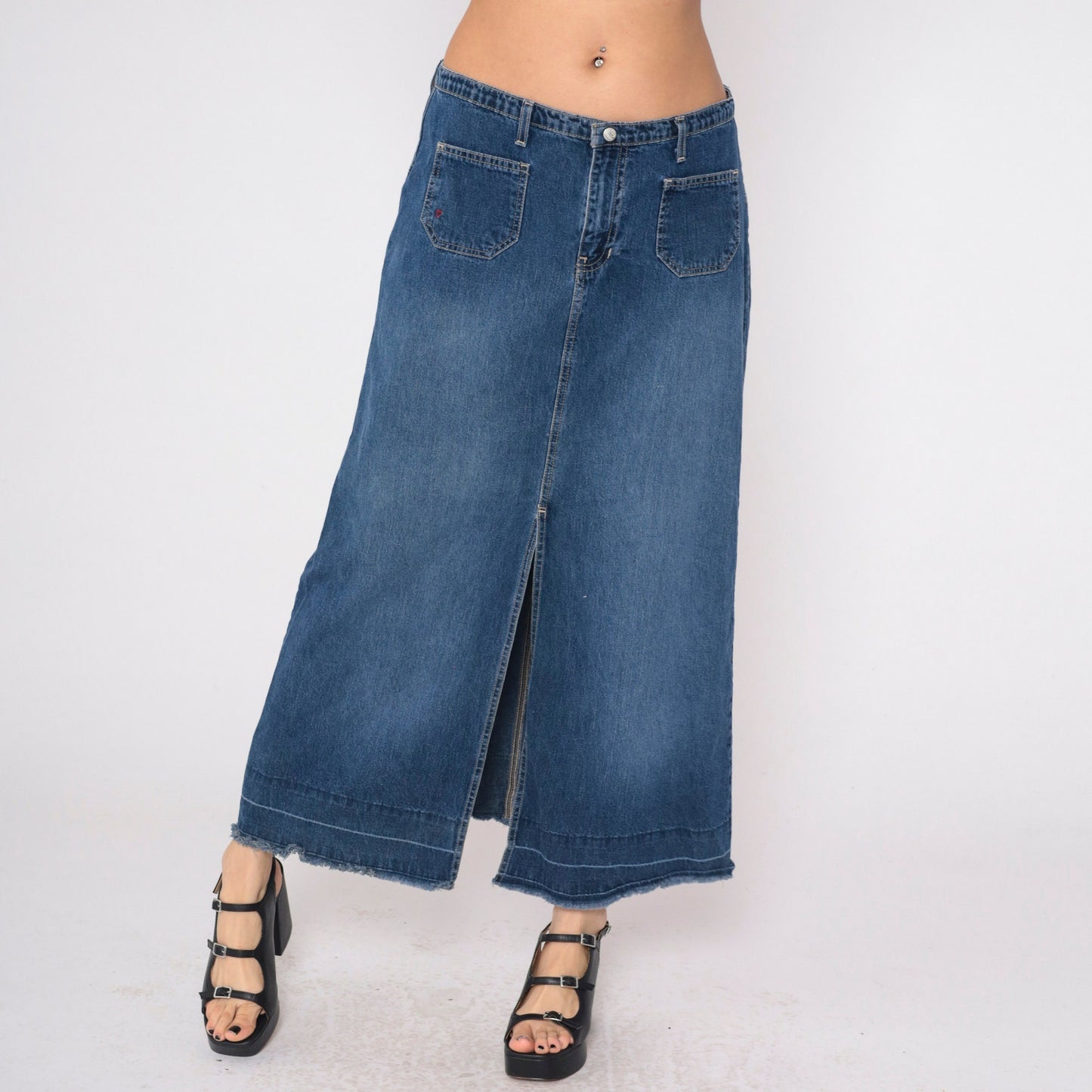 Y2K Roxy Low Rise Denim Maxi Skirt Blue Front Slit Large