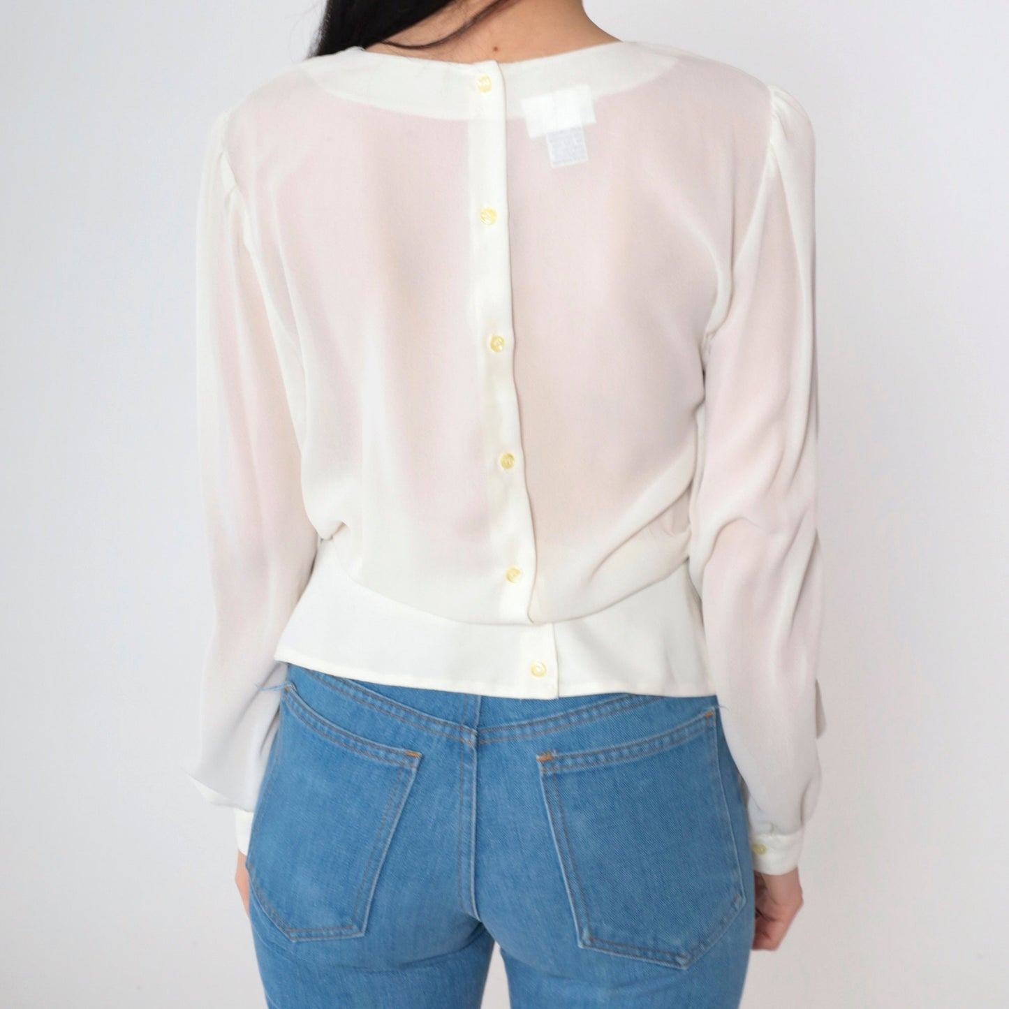 80s White Beaded Blouse Grape Leaf Sequin Puff Sleeve Button Back Medium