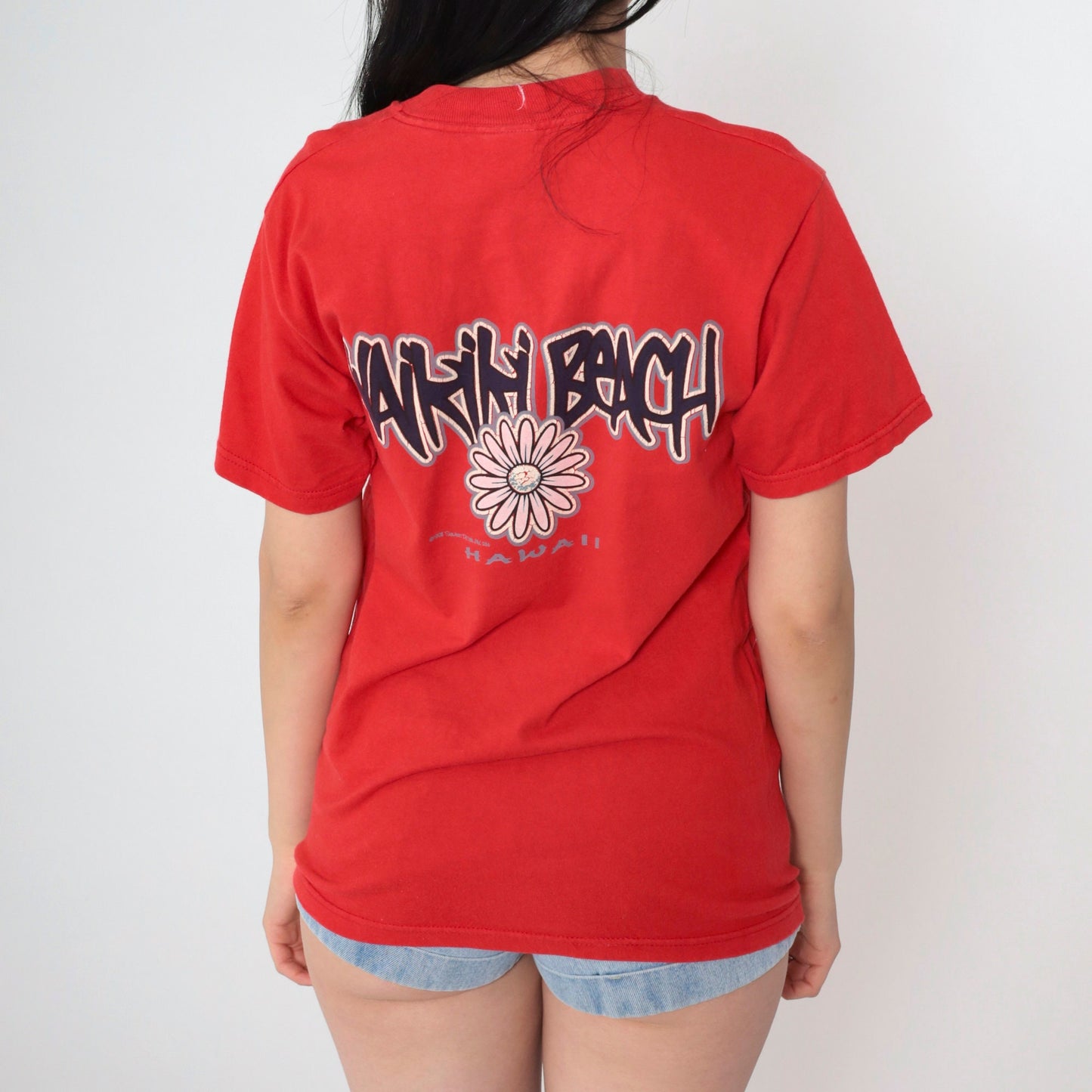 00s Waikiki Beach Hawaii Graphic T-Shirt Red Cotton Tee Small S