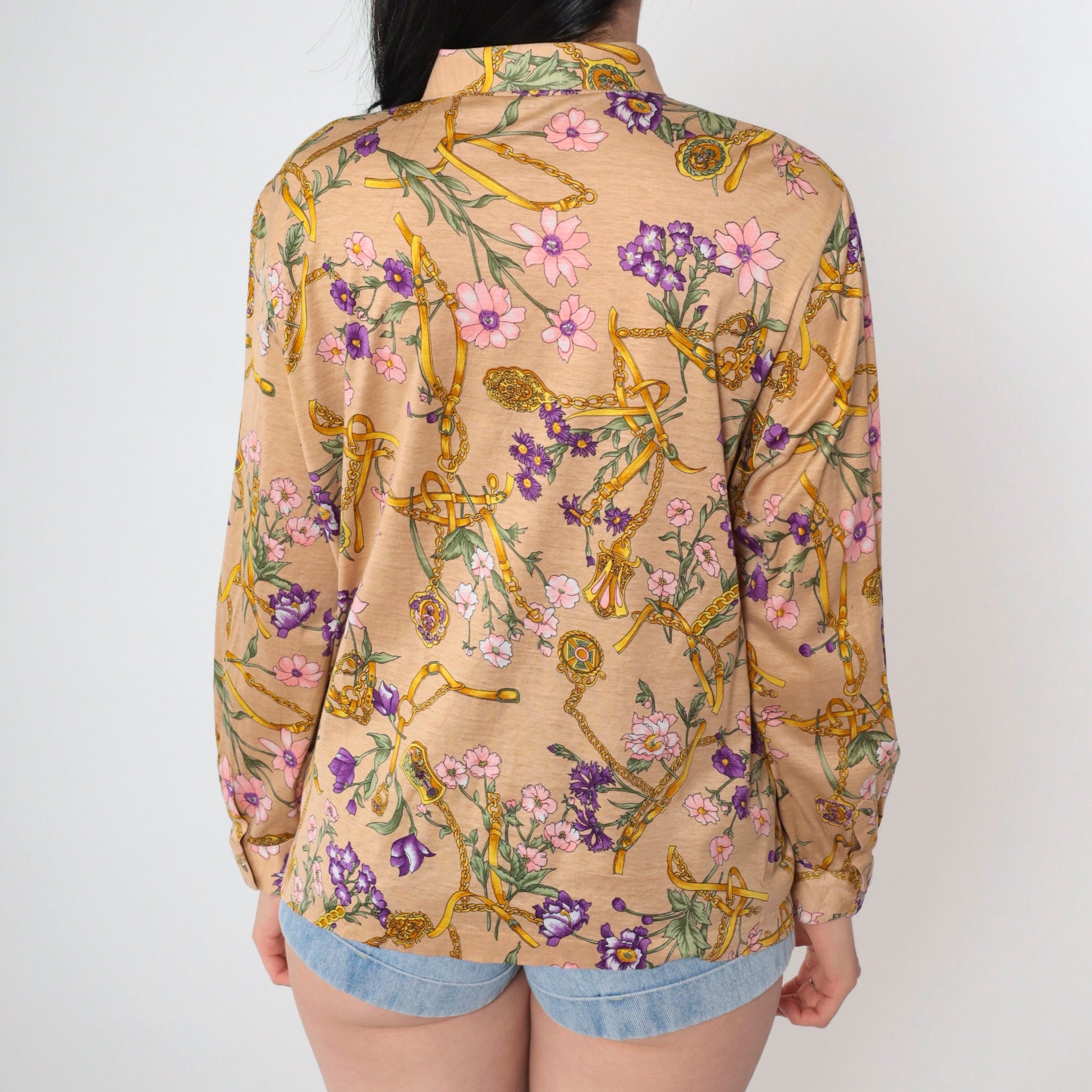 00s Baroque Floral Button-Up Blouse Tan Long Sleeve Collared Shirt Large L