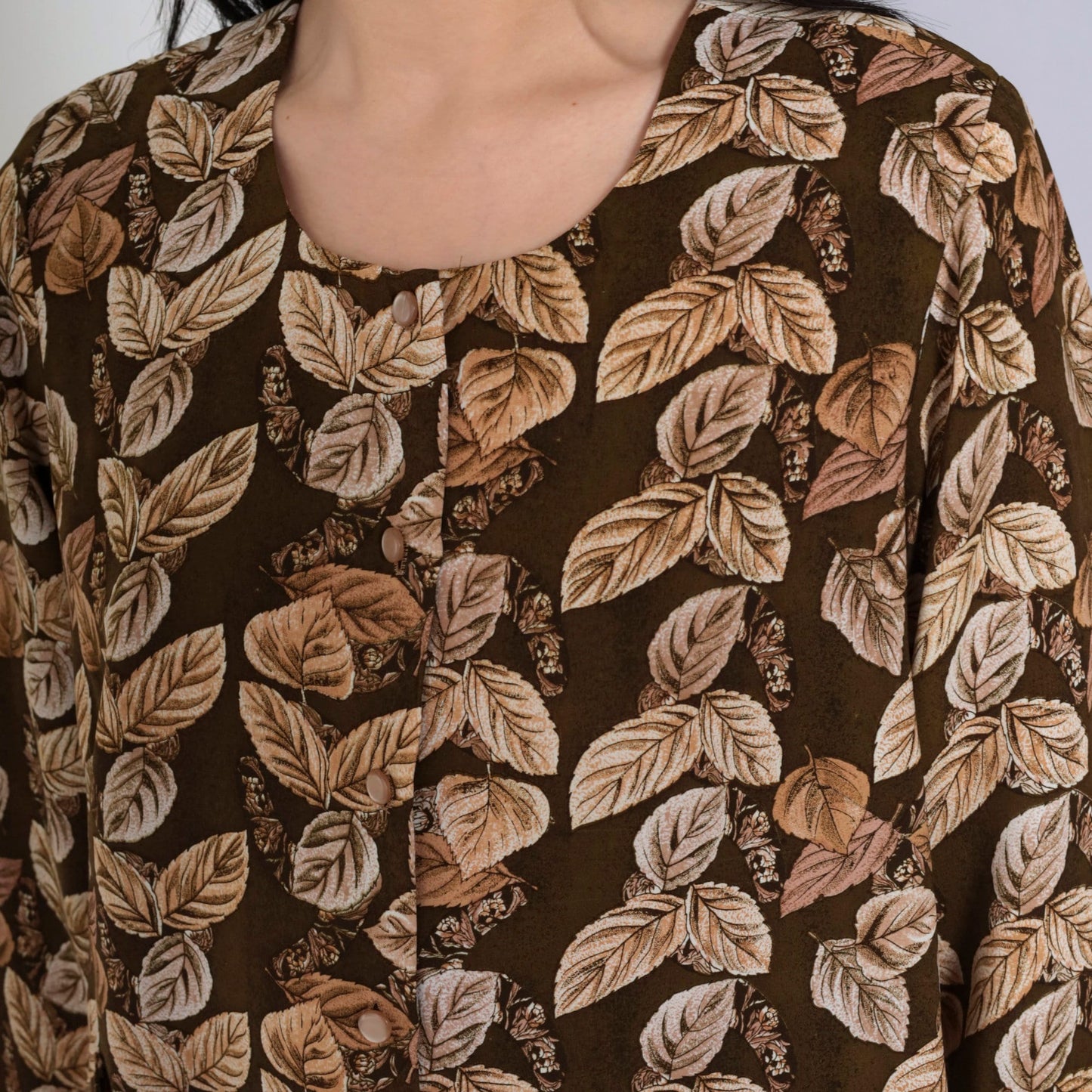 00s Brown Leaf Print Button-Up Blouse 3/4 Sleeve Pocket Shirt Small