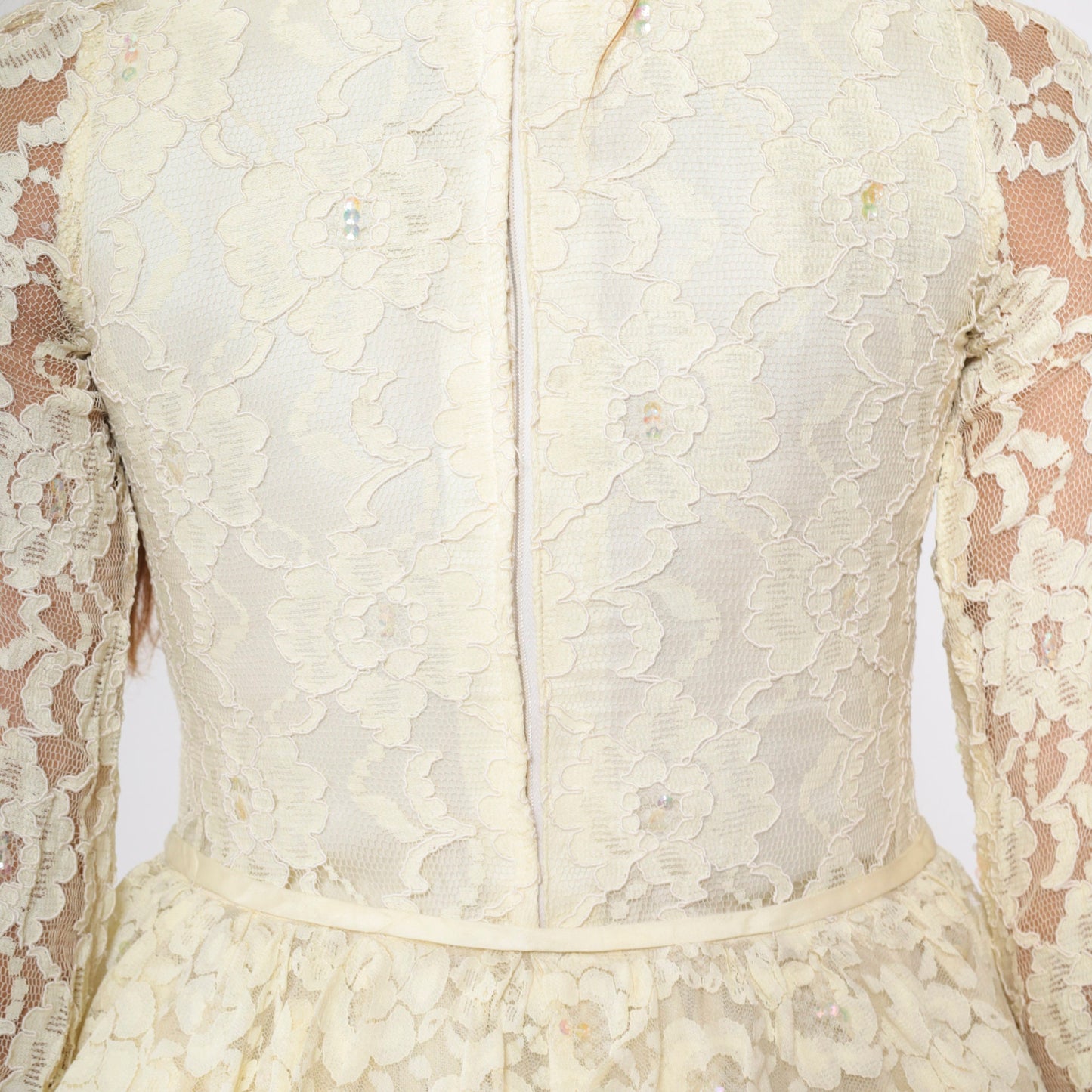 1960s Cream Floral Lace Midi Dress Puff Sleeve High Waist Tiered Ruffle XXS