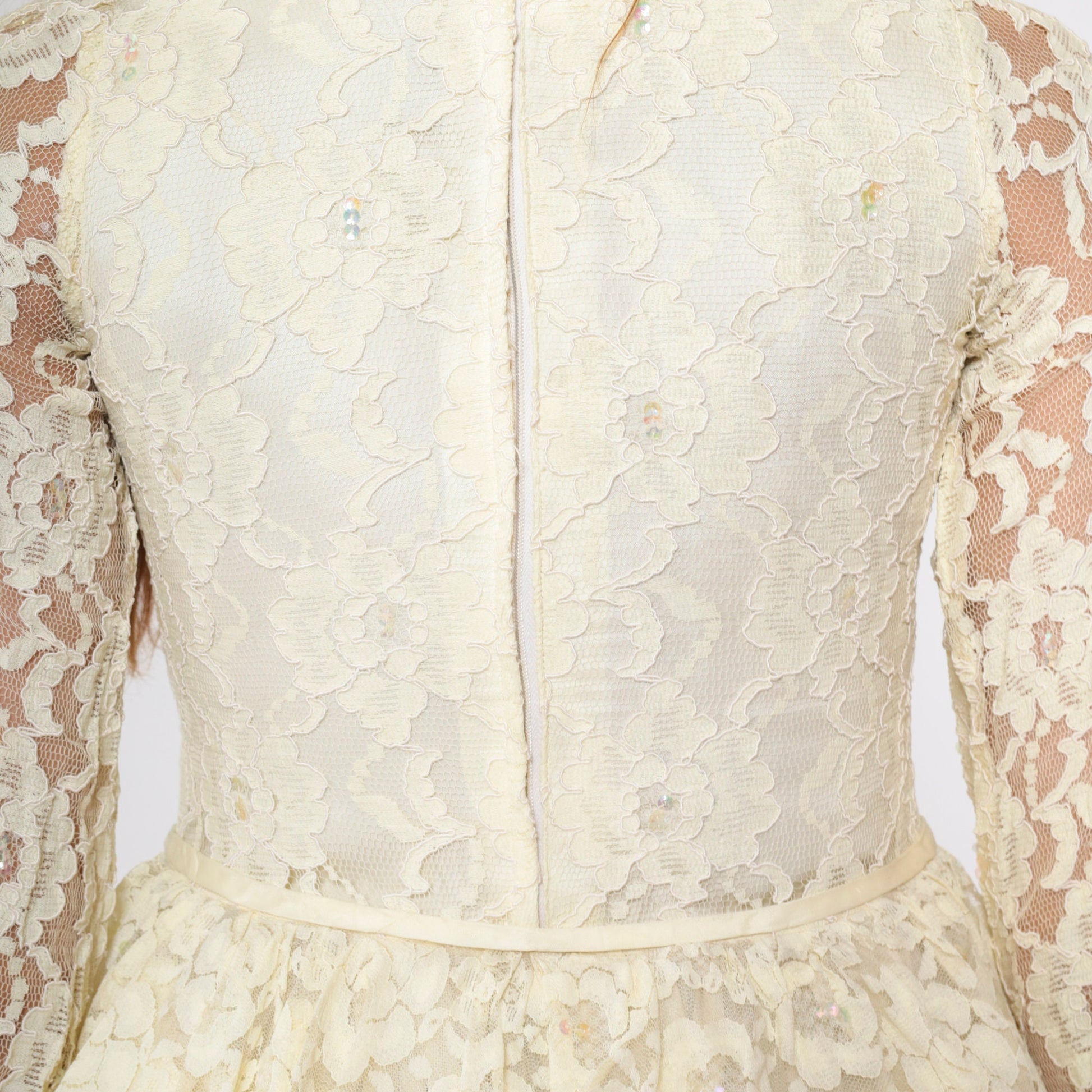1960s Cream Floral Lace Midi Dress Puff Sleeve High Waist Tiered Ruffle XXS
