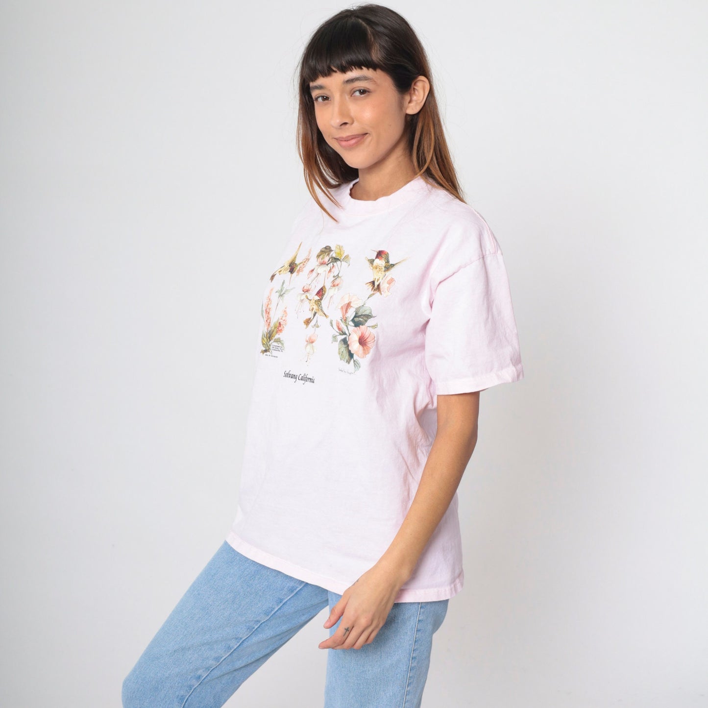 90s Solvang California Hummingbird Floral Graphic Tee Baby Pink Large L
