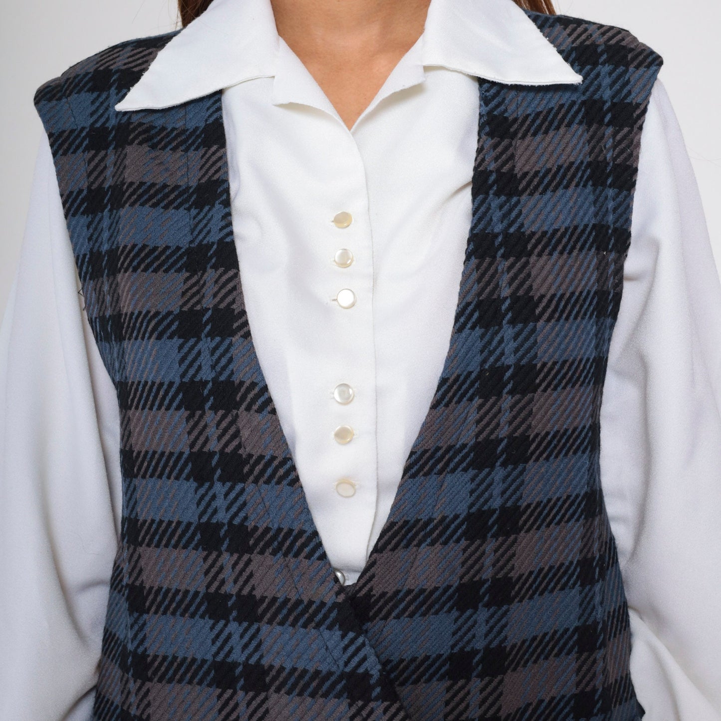 80s Bill Blass Plaid Wool Vest Double Breasted Blue Grey Small