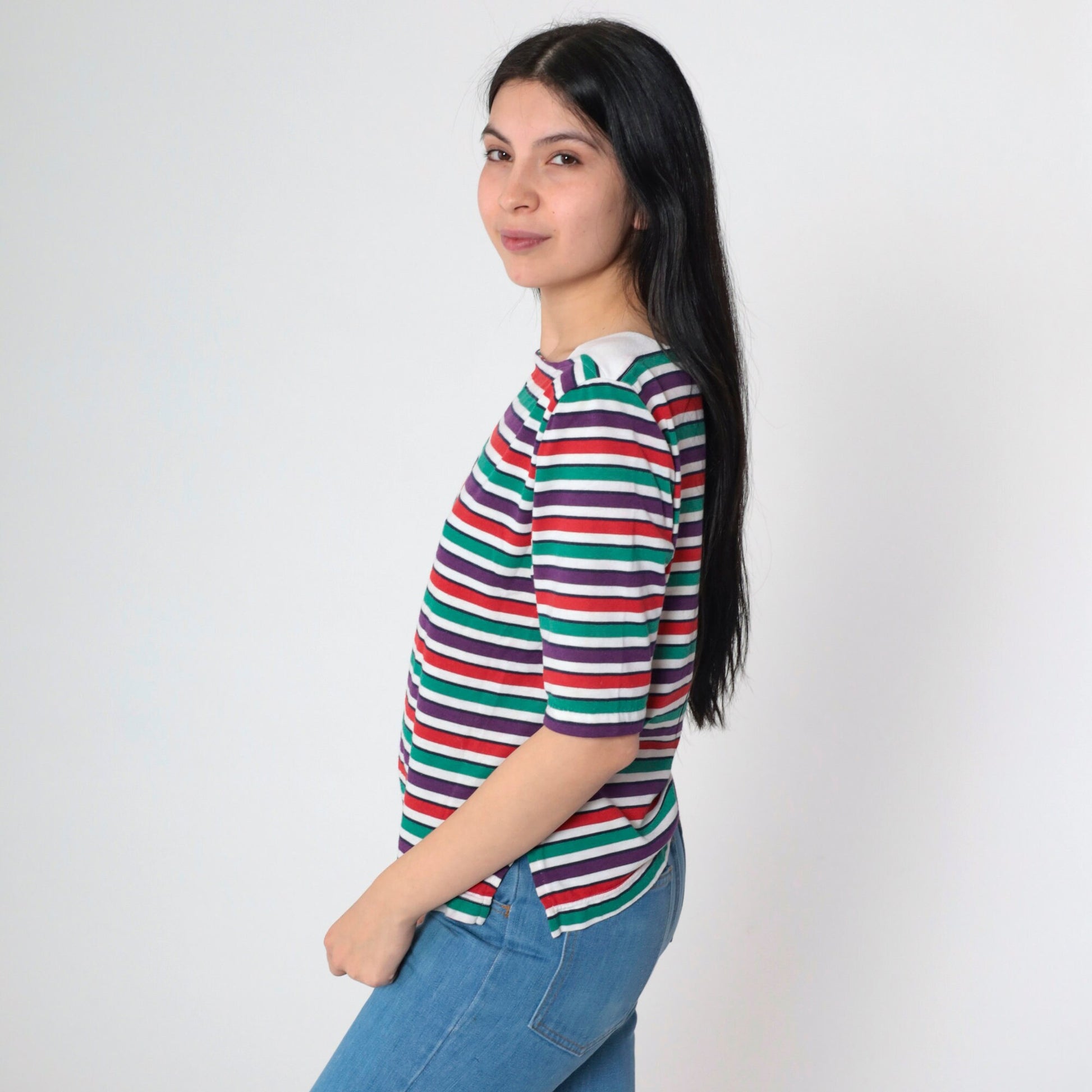 90s Multistripe Boatneck T-Shirt Short Sleeve Red Green Purple Small
