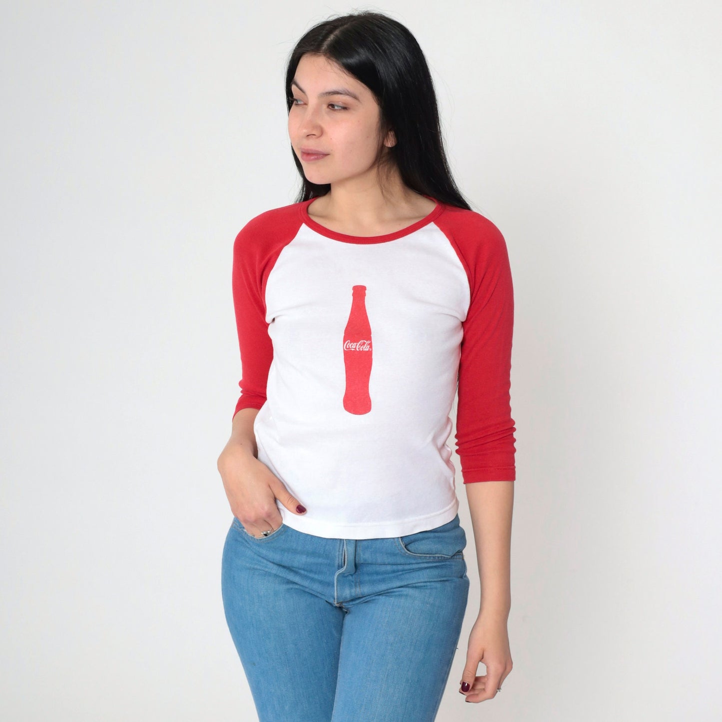 00s Coca-Cola Roberts Baseball Tee White Red Graphic Raglan Small S