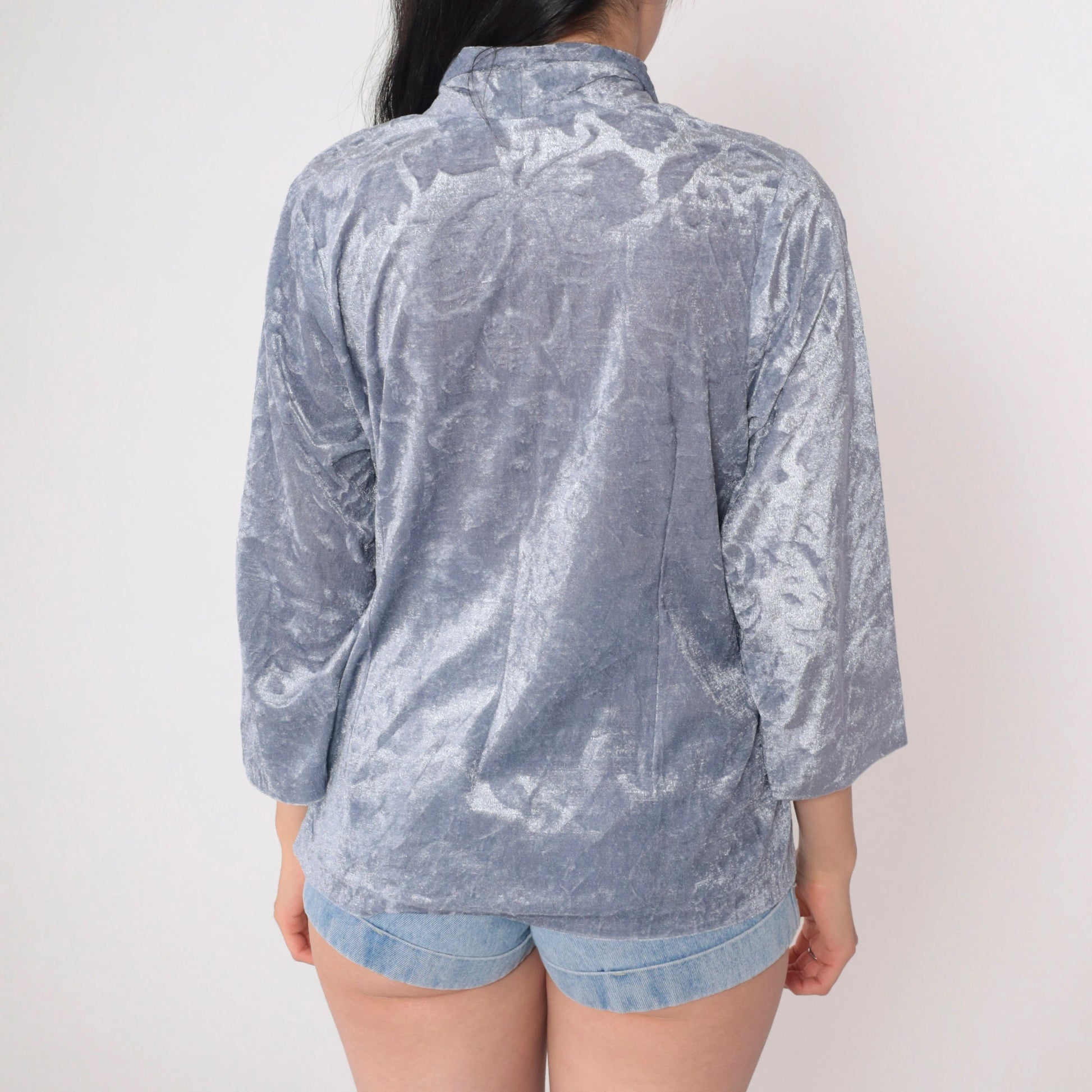 00s Floral Velour Button-Up Blouse Blue 3/4 Sleeve Collared Top Medium Large