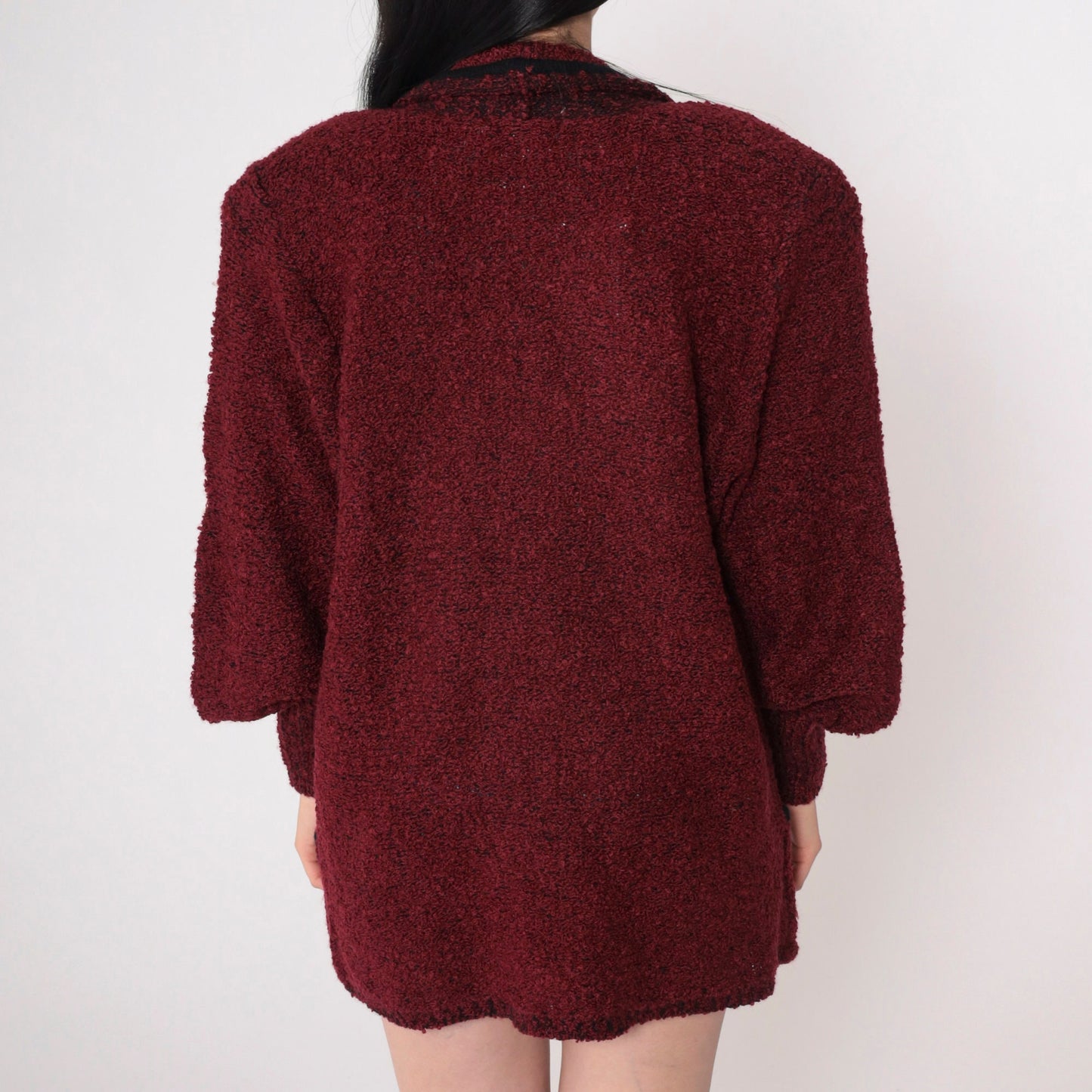 80s Wine Nubby Knit Cardigan Open Front Shoulder Pads Pockets Medium